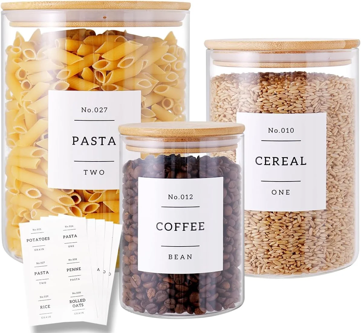 ست 3 عددی ظروف شیشه ای HHMJSM با درب بامبو و 132 برچسب از پیش چاپ شده برای کابینت آشپزخانه