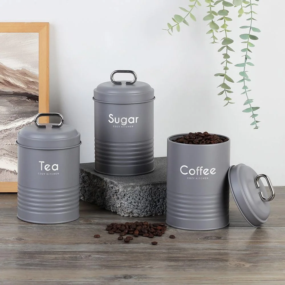 ست 3 تکه جا حبوباتی فلزی Gravitas، ظروف بادوام و شیک، ضد هوا، ضد زنگ، مناسب برای نظم دهی آشپزخانه، نگهداری مواد غذایی و استفاده در منزل - خاکستری - 1300 میلی لیتر