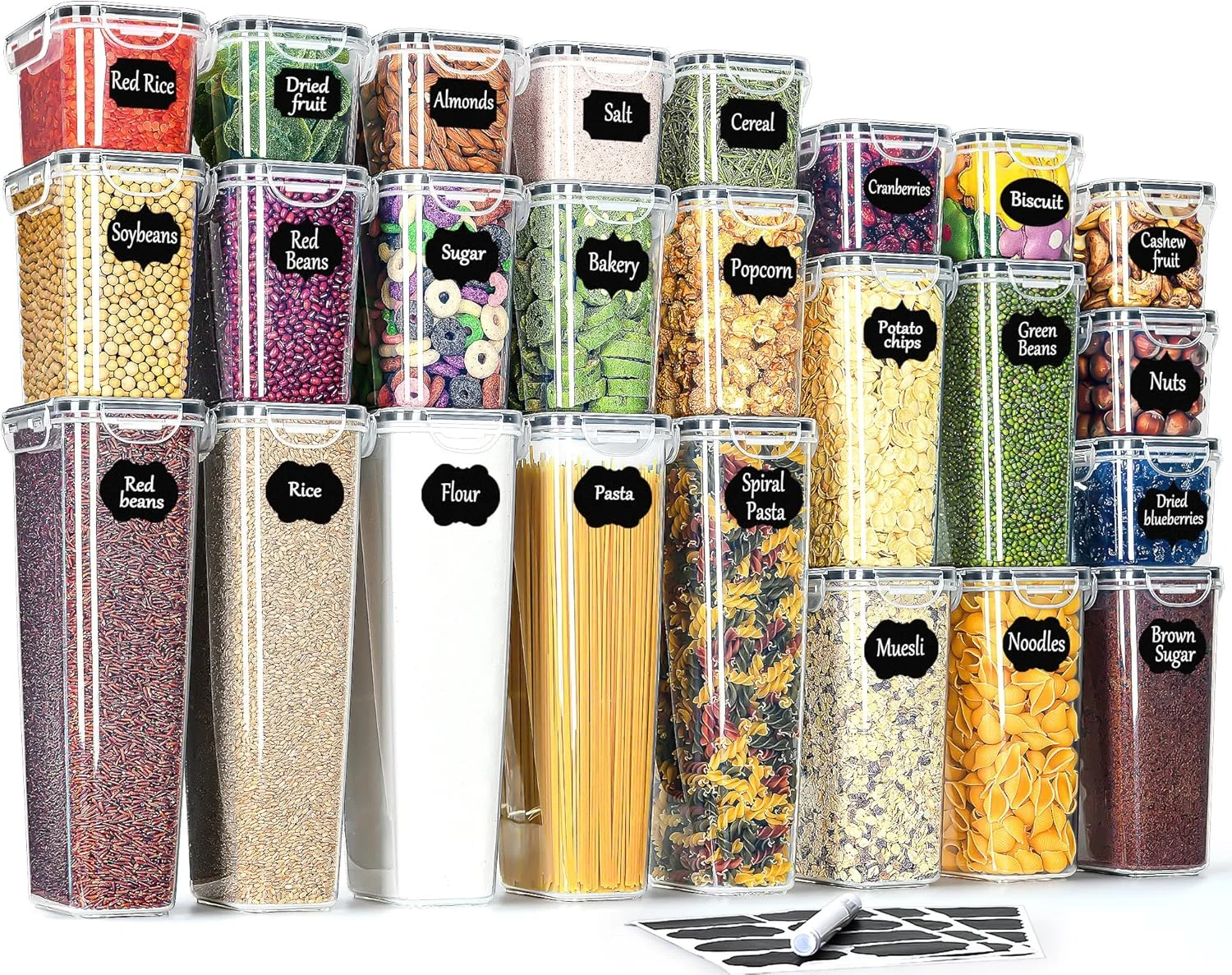 ظروف نگهداری مواد غذایی درب دار GoMaihe: 25 عدد ظروف پلاستیکی برای نگهداری آرد، غلات، شکر، اسپاگتی | سازماندهی آشپزخانه و انبار | ست ظروف نگهداری 2.5 لیتر/1.7 لیتر/1.25 لیتر/0.75 لیتر | فاقد BPA