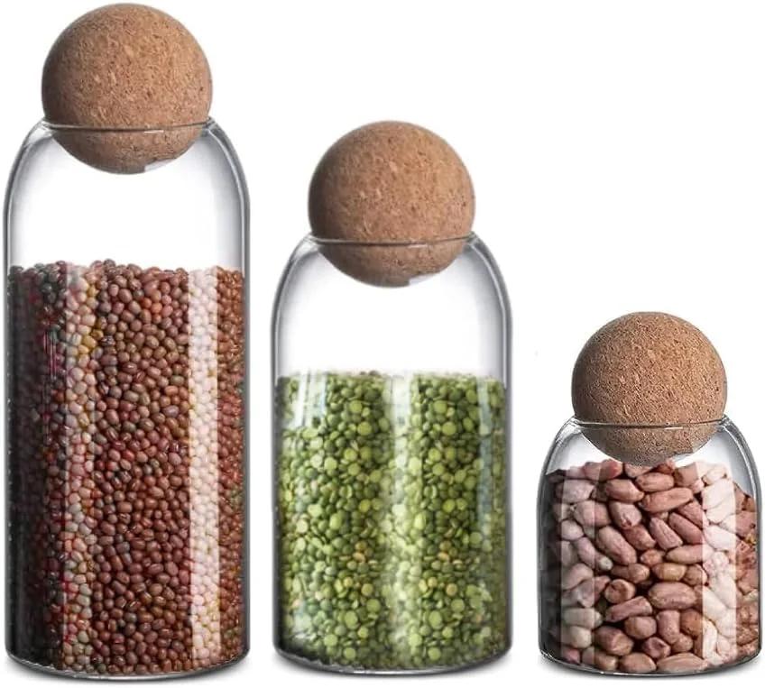 ست ۳ عددی بانکه شیشه‌ای با درب چوب پنبه‌ای – ۱۲۰۰ میلی‌لیتر، ۸۰۰ میلی‌لیتر، ۴۰۰ میلی‌لیتر – ظروف دربسته برای انبار، آشپزخانه و نگهداری مواد غذایی خشک