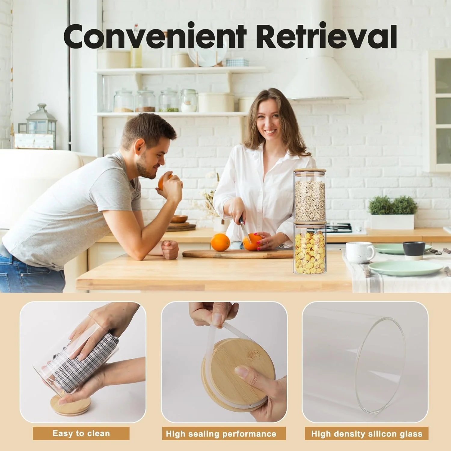 ظروف شیشه ای نگهداری مواد غذایی، ظروف شیشه ای 27oz و 54oz با درب های بامبو هواگیر، مجموعه 6 عددی [2 سایز 1550ml و 780ml] ظروف شیشه ای برای قهوه، آرد، شکر، آب نبات، کلوچه، ادویه و موارد دیگر