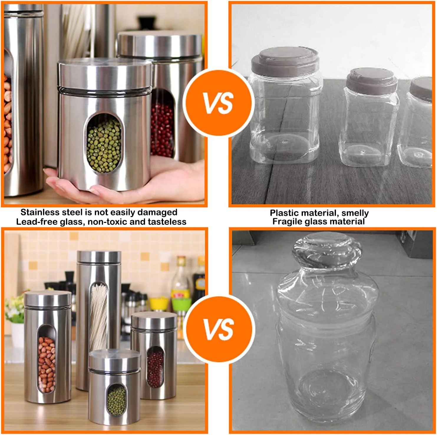 ست ظروف نگهداری مواد غذایی استیل ضد زنگ GGEROU با پنجره شیشه ای قابل مشاهده و درب های هواگیر، ست 4 تایی ظروف نگهداری شکر، قهوه، چای و آبنبات، ظروف نگهداری مواد غذایی، مخزن نگهداری غلات (S: 600ml) ست ظروف نگهداری مواد غذایی استیل ضد زنگ GGEROU با پنجره شیشه ای قابل مشاهده و درب های هواگیر، ست 4 تایی ظروف نگهداری شکر، قهوه، چای و آبنبات، ظروف نگهداری مواد غذایی، مخزن نگهداری غلات (S: 600ml)