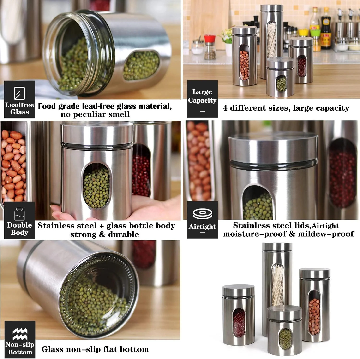 ست ظروف نگهداری مواد غذایی استیل ضد زنگ GGEROU با پنجره شیشه ای قابل مشاهده و درب های هواگیر، ست 4 تایی ظروف نگهداری شکر، قهوه، چای و آبنبات، ظروف نگهداری مواد غذایی، مخزن نگهداری غلات (S: 600ml) ست ظروف نگهداری مواد غذایی استیل ضد زنگ GGEROU با پنجره شیشه ای قابل مشاهده و درب های هواگیر، ست 4 تایی ظروف نگهداری شکر، قهوه، چای و آبنبات، ظروف نگهداری مواد غذایی، مخزن نگهداری غلات (S: 600ml)