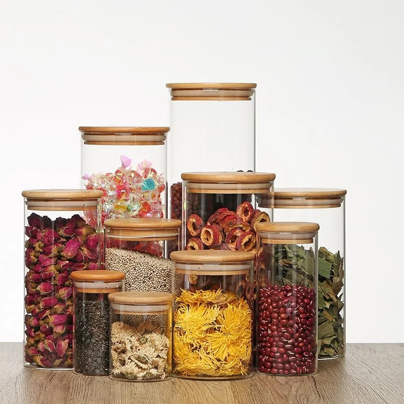 ظرف شیشه ای نگهداری مواد غذایی آشپزخانه با درب بامبو - ظروف نگهداری دربسته برای آشپزخانه، انبار، ادویه جات، مواد خشک - بسته ترکیبی چند سایز (ست 4 عددی) [2 عدد 250 میلی لیتر 2 عدد 400 میلی لیتر]
