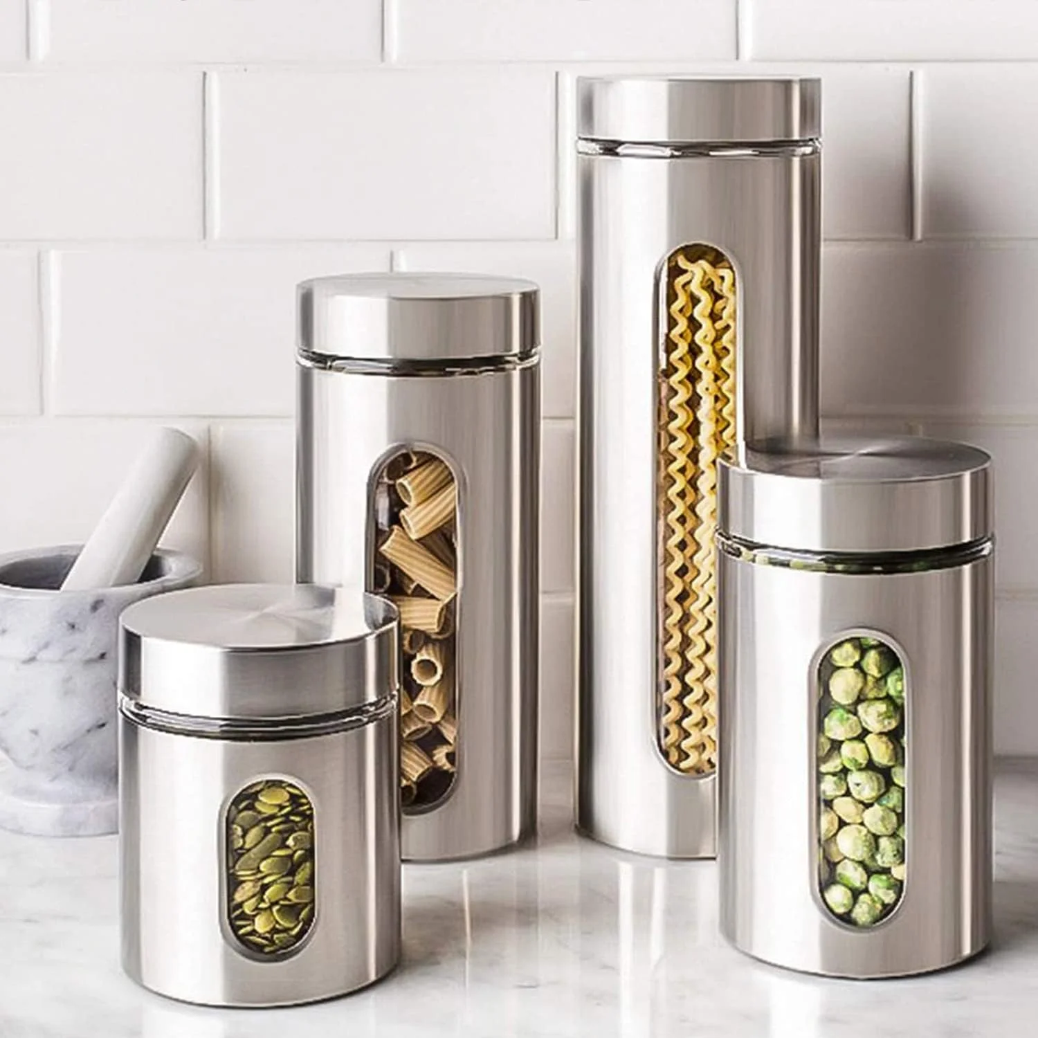 ست ظروف نگهداری مواد غذایی استیل ضد زنگ GGEROU با پنجره شیشه ای قابل مشاهده و درب های هواگیر، ست 4 تایی ظروف نگهداری شکر، قهوه، چای و آبنبات، ظروف نگهداری مواد غذایی، مخزن نگهداری غلات (S: 600ml) ست ظروف نگهداری مواد غذایی استیل ضد زنگ GGEROU با پنجره شیشه ای قابل مشاهده و درب های هواگیر، ست 4 تایی ظروف نگهداری شکر، قهوه، چای و آبنبات، ظروف نگهداری مواد غذایی، مخزن نگهداری غلات (S: 600ml)