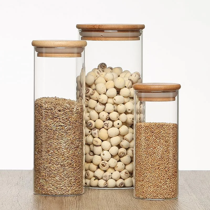 ظرف شیشه ای نگهداری مواد غذایی آشپزخانه با درب بامبو - ظروف نگهداری دربسته برای آشپزخانه، انبار، ادویه جات، مواد خشک - بسته ترکیبی چند سایز (ست 4 عددی) [2 عدد 250 میلی لیتر 2 عدد 400 میلی لیتر]