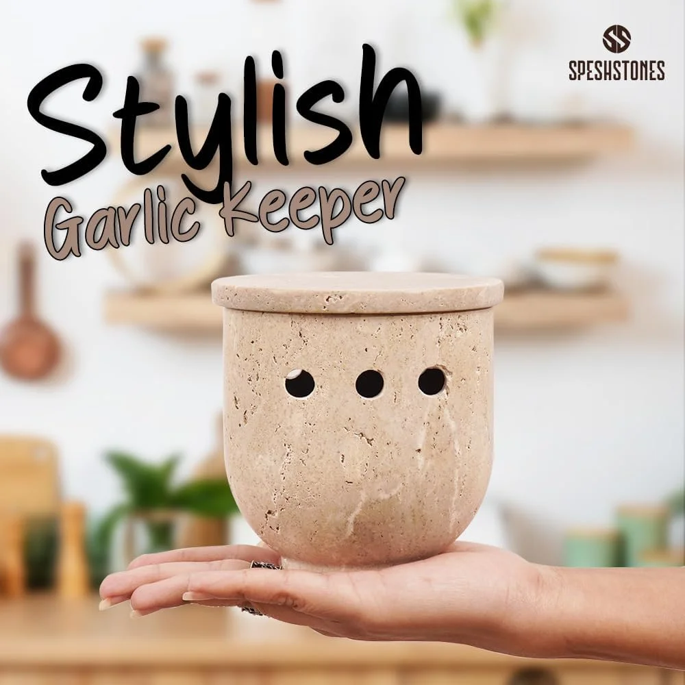 ظرف نگهداری سیر تراورتن دست ساز 4.5 اینچی با درب - ظرف سنگی سیر برای نگهداری روی پیشخوان، محفظه سیر برای سیر تازه. ظرف نگهداری سیر تراورتن دست ساز 4.5 اینچی با درب - ظرف سنگی سیر برای نگهداری روی پیشخوان، محفظه سیر برای سیر تازه.