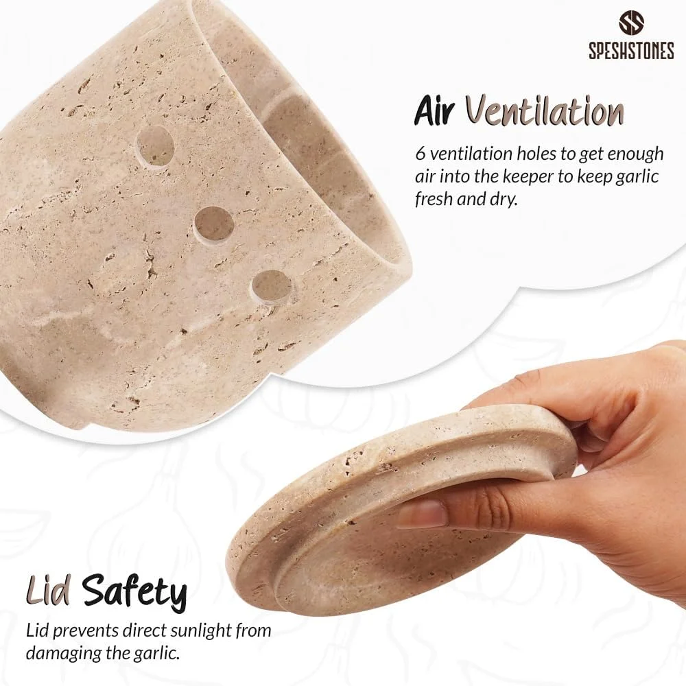 ظرف نگهداری سیر تراورتن دست ساز 4.5 اینچی با درب - ظرف سنگی سیر برای نگهداری روی پیشخوان، محفظه سیر برای سیر تازه. ظرف نگهداری سیر تراورتن دست ساز 4.5 اینچی با درب - ظرف سنگی سیر برای نگهداری روی پیشخوان، محفظه سیر برای سیر تازه.