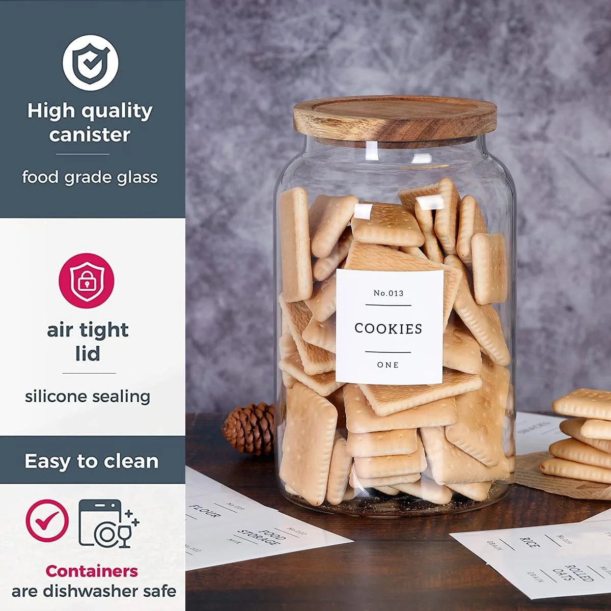 ظرف شیشه ای بزرگ کوکی 1 گالن با درب های چوبی آکاسیا - ظروف ذخیره سازی مواد غذایی ضخیم با 42 برچسب ضد آب از پیش چاپ شده برای آشپزخانه - محفظه شیشه ای شفاف برای آرد، برنج، قهوه ظرف شیشه ای بزرگ کوکی 1 گالن با درب های چوبی آکاسیا - ظروف ذخیره سازی مواد غذایی ضخیم با 42 برچسب ضد آب از پیش چاپ شده برای آشپزخانه - محفظه شیشه ای شفاف برای آرد، برنج، قهوه