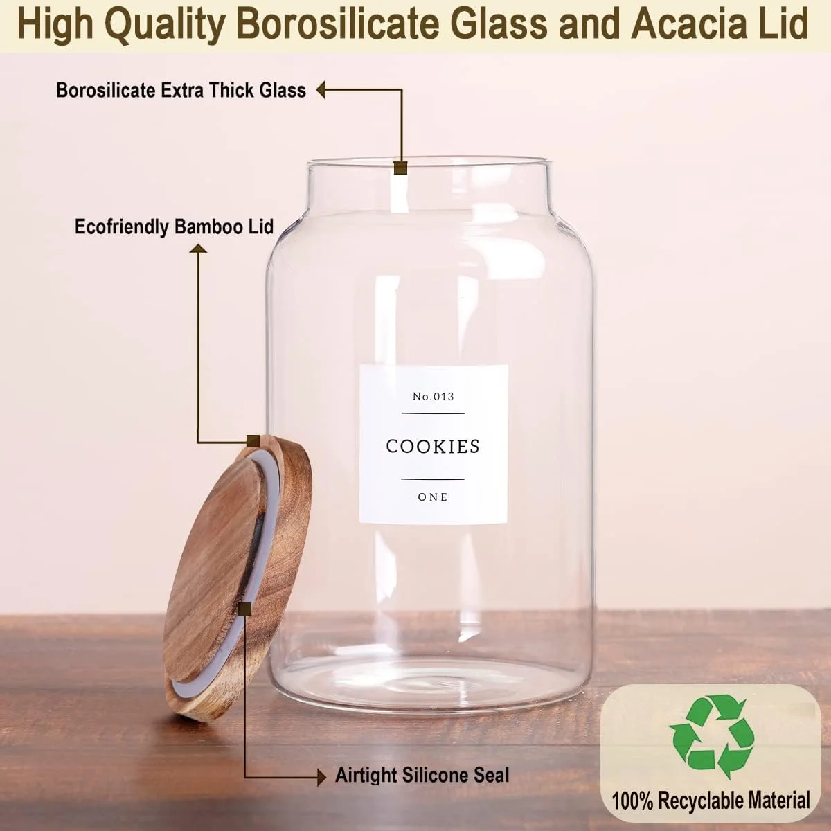ظرف شیشه ای بزرگ کوکی 1 گالن با درب های چوبی آکاسیا - ظروف ذخیره سازی مواد غذایی ضخیم با 42 برچسب ضد آب از پیش چاپ شده برای آشپزخانه - محفظه شیشه ای شفاف برای آرد، برنج، قهوه ظرف شیشه ای بزرگ کوکی 1 گالن با درب های چوبی آکاسیا - ظروف ذخیره سازی مواد غذایی ضخیم با 42 برچسب ضد آب از پیش چاپ شده برای آشپزخانه - محفظه شیشه ای شفاف برای آرد، برنج، قهوه