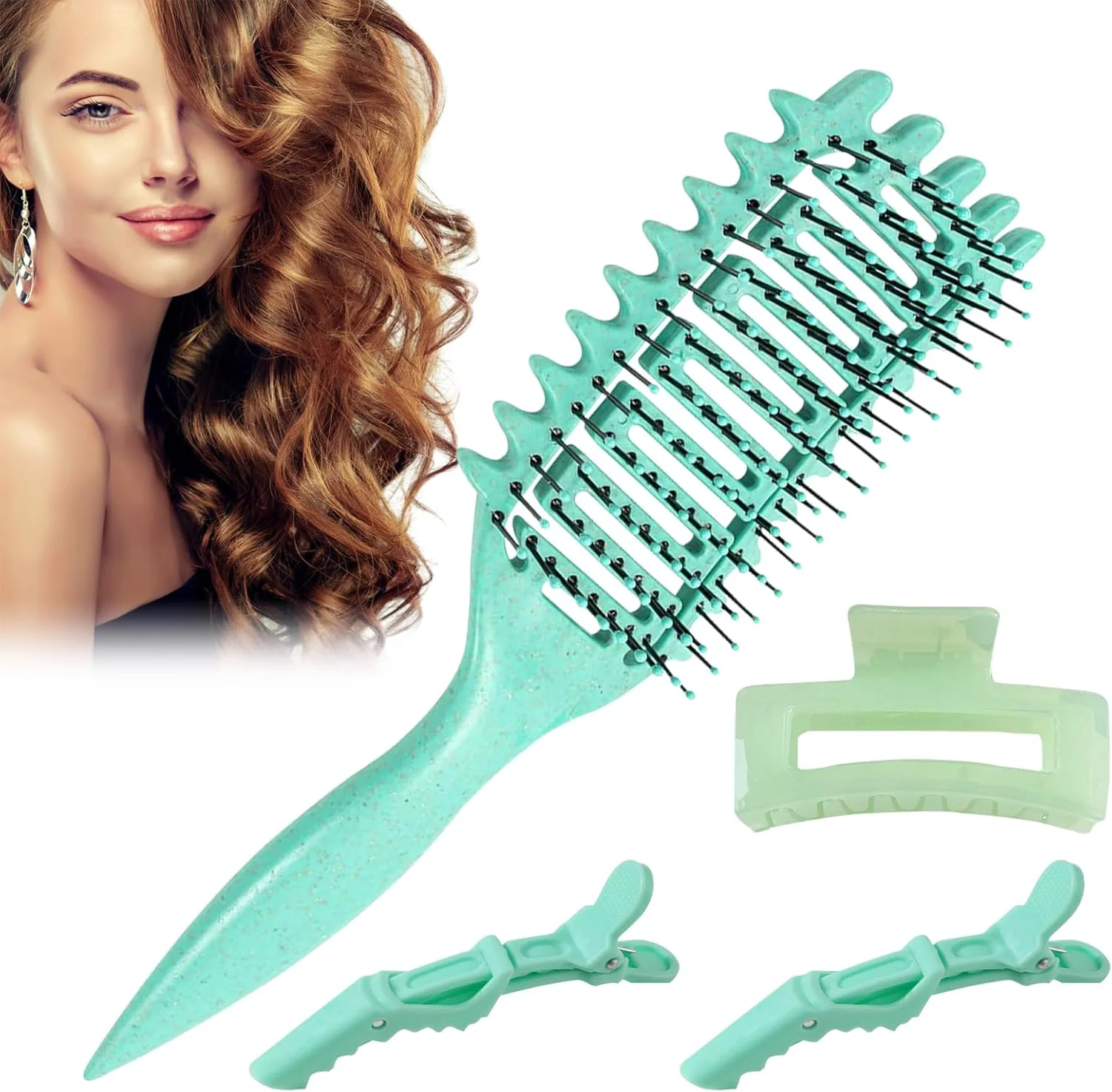 برس فر کننده مو SPHERETRON، برس حالت دهنده، شانه رولی فر کننده، برس مو برای مردان و زنان برای شانه کردن و حالت دادن به مو (ست سبز)