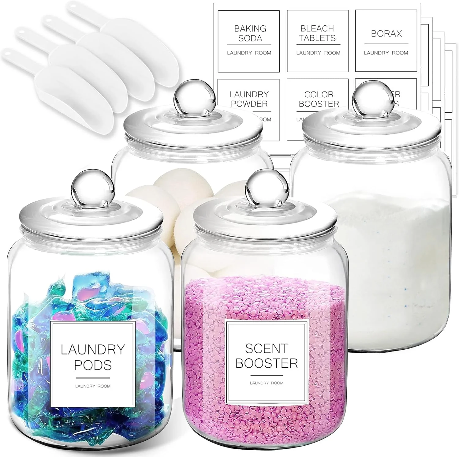 ظروف شیشه ای نیم گالنی FyndraX - ظروف بزرگ درب دار با پیمانه و برچسب برای سازماندهی و نگهداری لباسشویی، حمام، آشپزخانه و انبار، ست 4 عددی