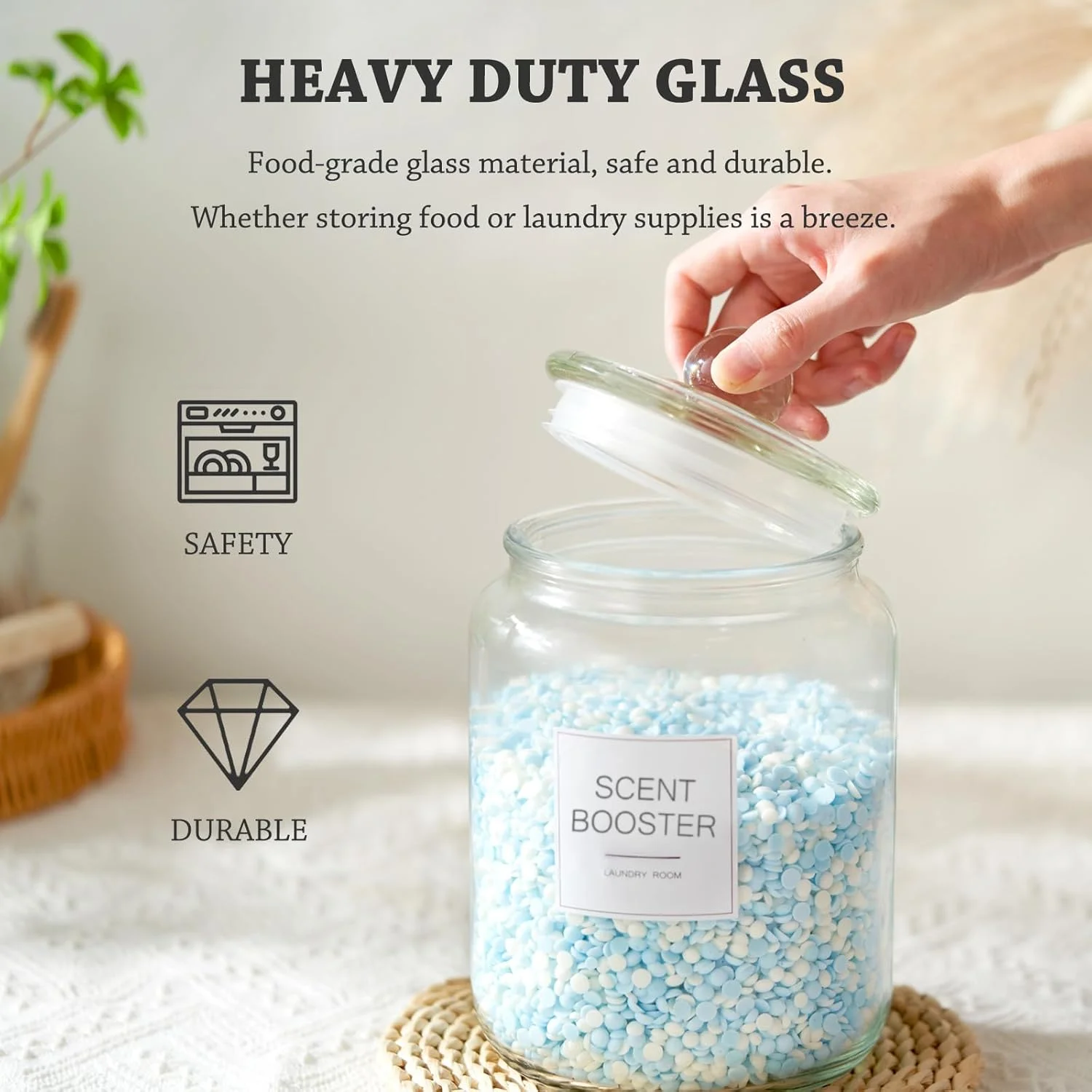 ظروف شیشه ای نیم گالنی FyndraX - ظروف بزرگ درب دار با پیمانه و برچسب برای سازماندهی و نگهداری لباسشویی، حمام، آشپزخانه و انبار، ست 4 عددی