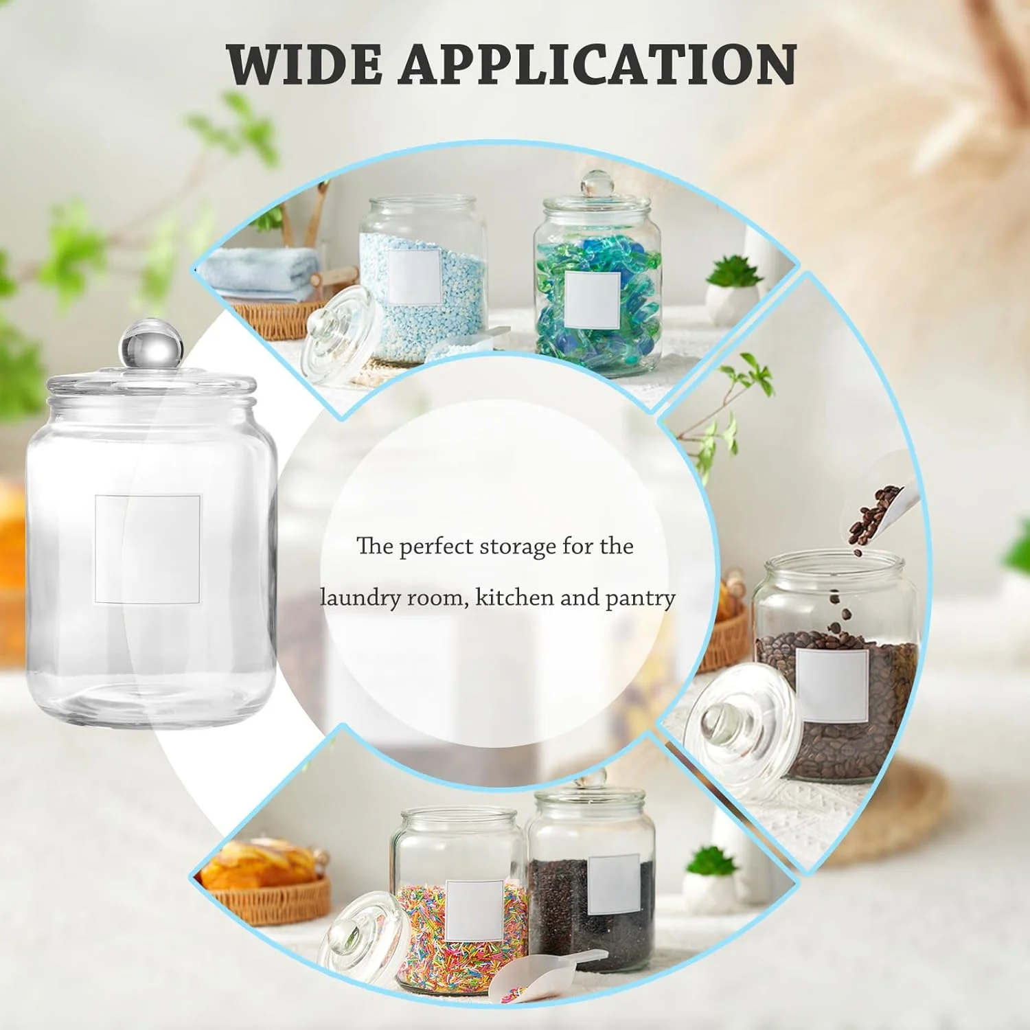 ظروف شیشه ای نیم گالنی FyndraX - ظروف بزرگ درب دار با پیمانه و برچسب برای سازماندهی و نگهداری لباسشویی، حمام، آشپزخانه و انبار، ست 4 عددی