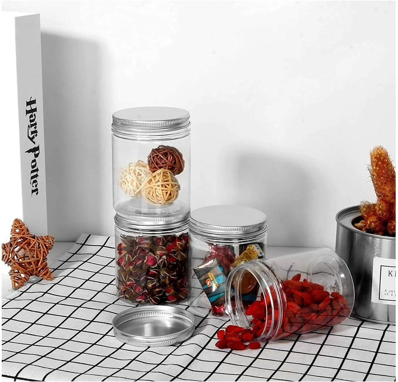 ظروف پلاستیکی 473 میلی لیتری FUFU، ظروف نگهداری پلاستیکی شفاف دهانه گشاد با درب برای نگهداری آشپزخانه و منزل، ظروف دربسته 6 عددی