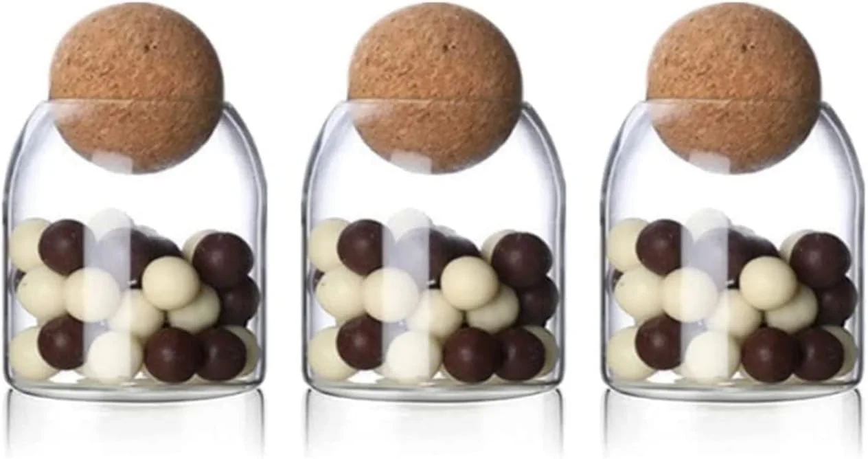 FUFU 3Pcs/Set Glass Food Storage Jars with Wood Lid Ball, Bamboo Glass Storage Containers with Good Sealing, Different Sizes Coffee Container for Kitchen Counter, Pantry, Tea, Sugar, Flour 500ml