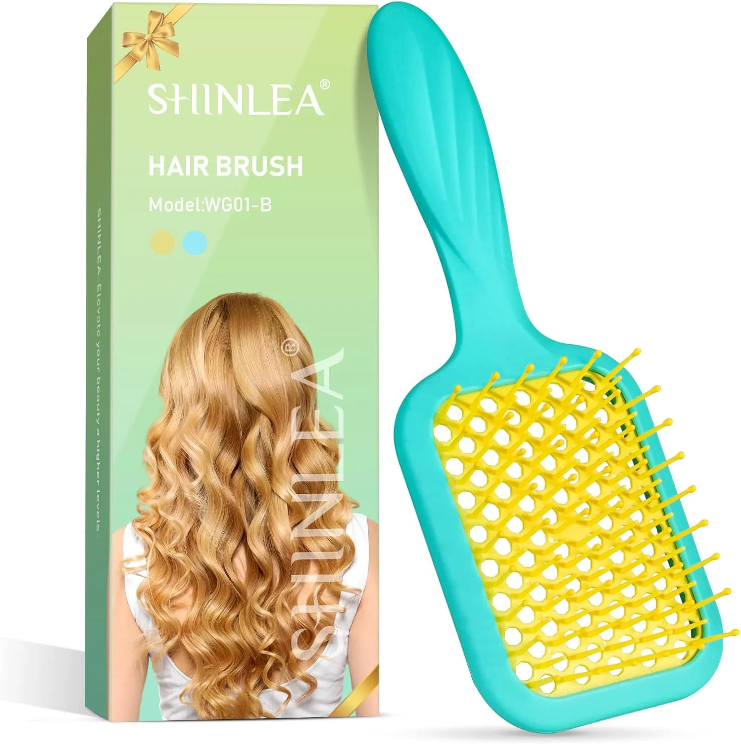 SHINLEA Vented Detangling Hair Brush for Curly Thick Hair | Anti-Tangle Hairbrush with Soft Wave-Shaped Bristles for Women Men Teens | Summer Beach Detangler Brush | Gift for Mom (Yellow & Blue)