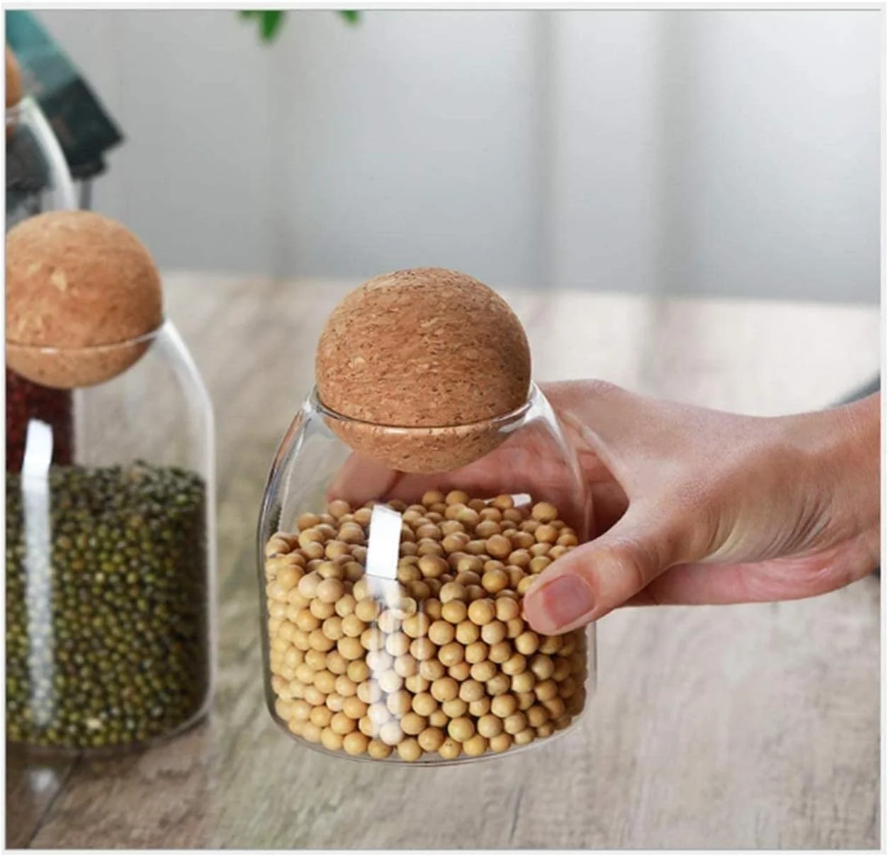 FUFU 3Pcs/Set Glass Food Storage Jars with Wood Lid Ball, Bamboo Glass Storage Containers with Good Sealing, Different Sizes Coffee Container for Kitchen Counter, Pantry, Tea, Sugar, Flour 500ml