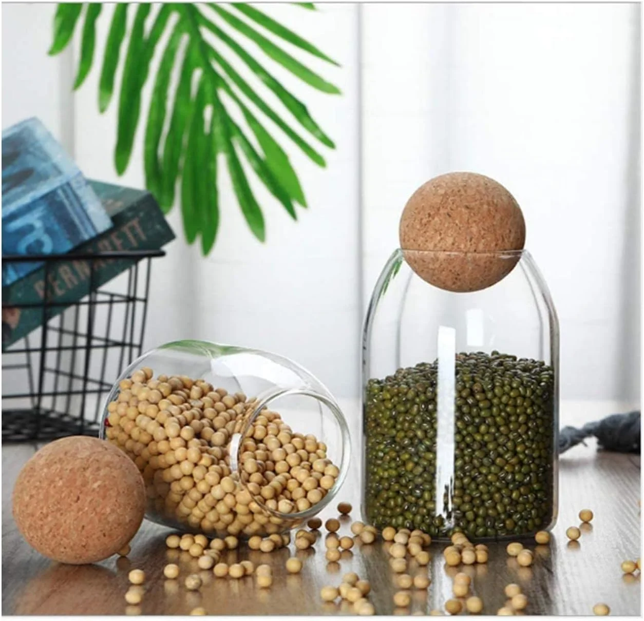 FUFU 3Pcs/Set Glass Food Storage Jars with Wood Lid Ball, Bamboo Glass Storage Containers with Good Sealing, Different Sizes Coffee Container for Kitchen Counter, Pantry, Tea, Sugar, Flour 500ml