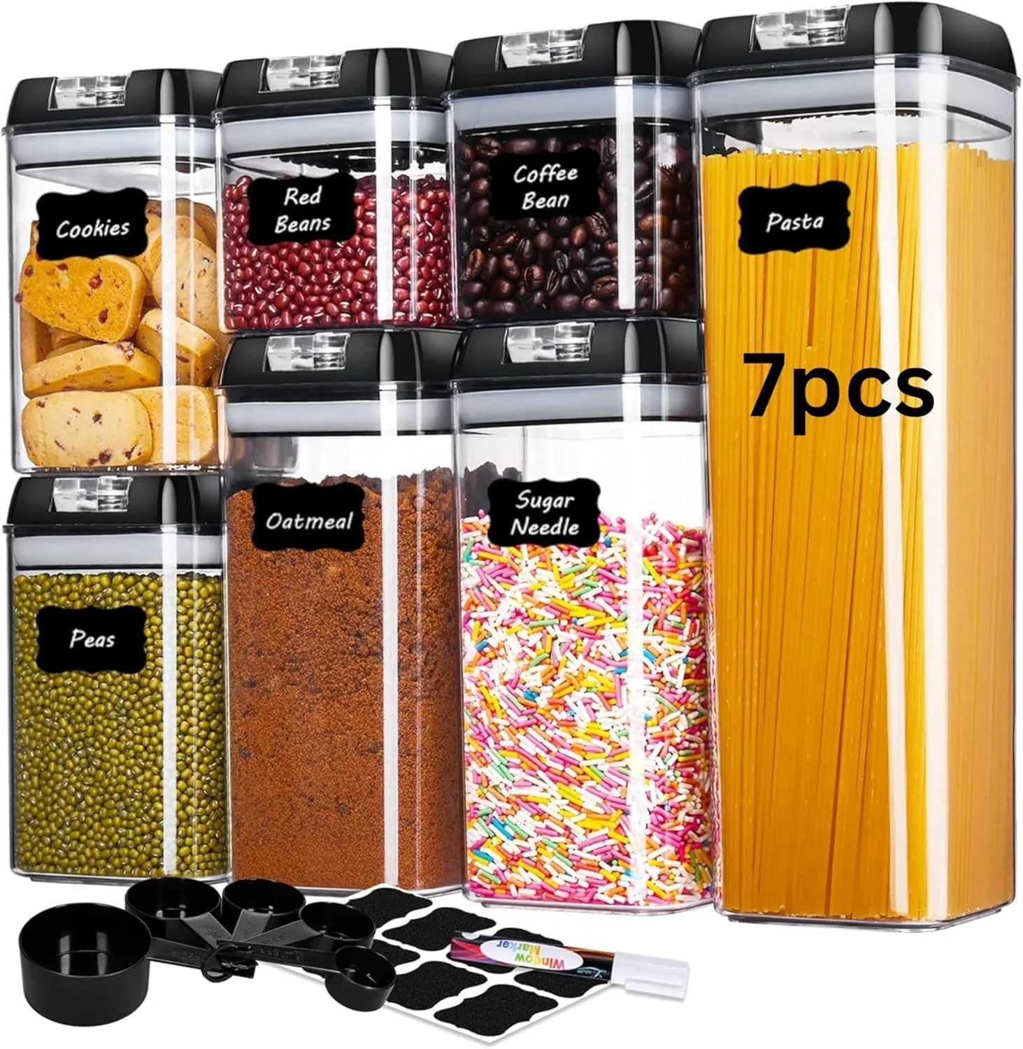 ست ظروف نگهداری مواد غذایی 7 تکه، ظروف آشپزخانه قابل چیدن، فنجان های اندازه گیری و برچسب های تخته سیاه قابل استفاده مجدد برای کوکی ها، لوبیا قرمز، دانه های قهوه، پاستا، نخود فرنگی، بلغور جو دوسر، شکر، رشته فرنگی