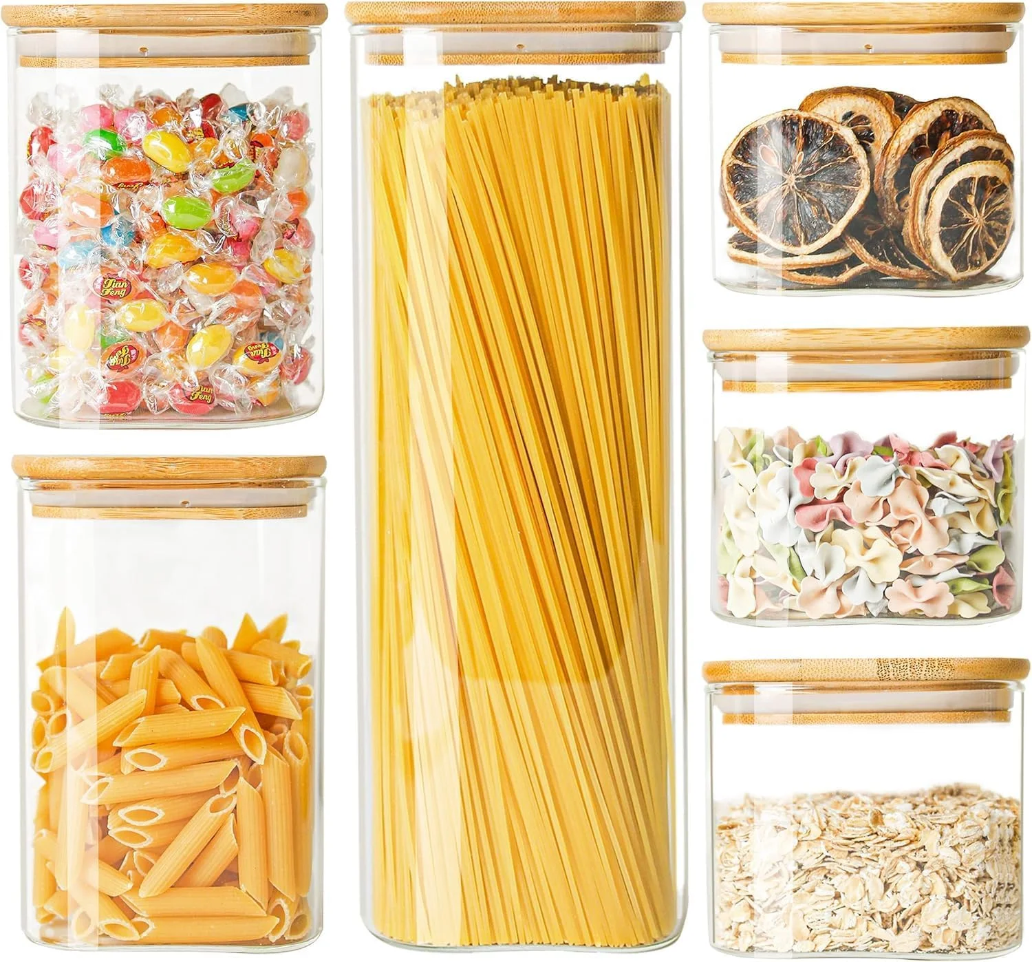 ظروف نگهداری مواد غذایی شیشه ای مربعی Freeway با درب بامبو، ست 6 عددی ظروف شفاف قابل چیدن برای آشپزخانه و نگهداری کوکی، آبنبات، شکر، دانه قهوه، پاستا، آجیل (530ml/800ml/1100ml/2100ml)