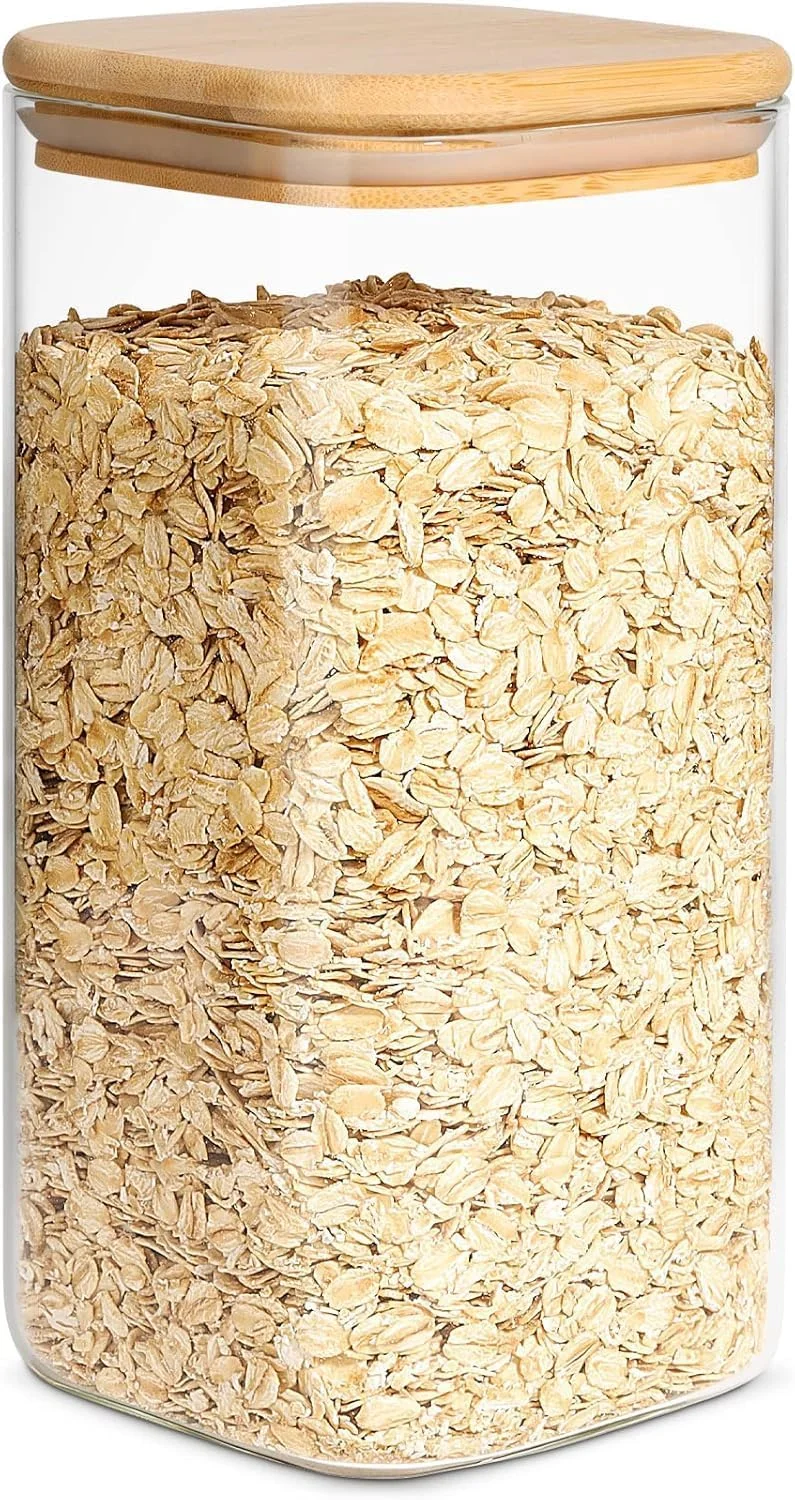 ظرف شیشه ای تک جداره Freeway با درب بامبو و حلقه سیلیکونی، ظرف نگهداری مواد غذایی 1500 میلی لیتری، شیشه مربعی شفاف 10 × 20 سانتی متر برای آشپزخانه شما