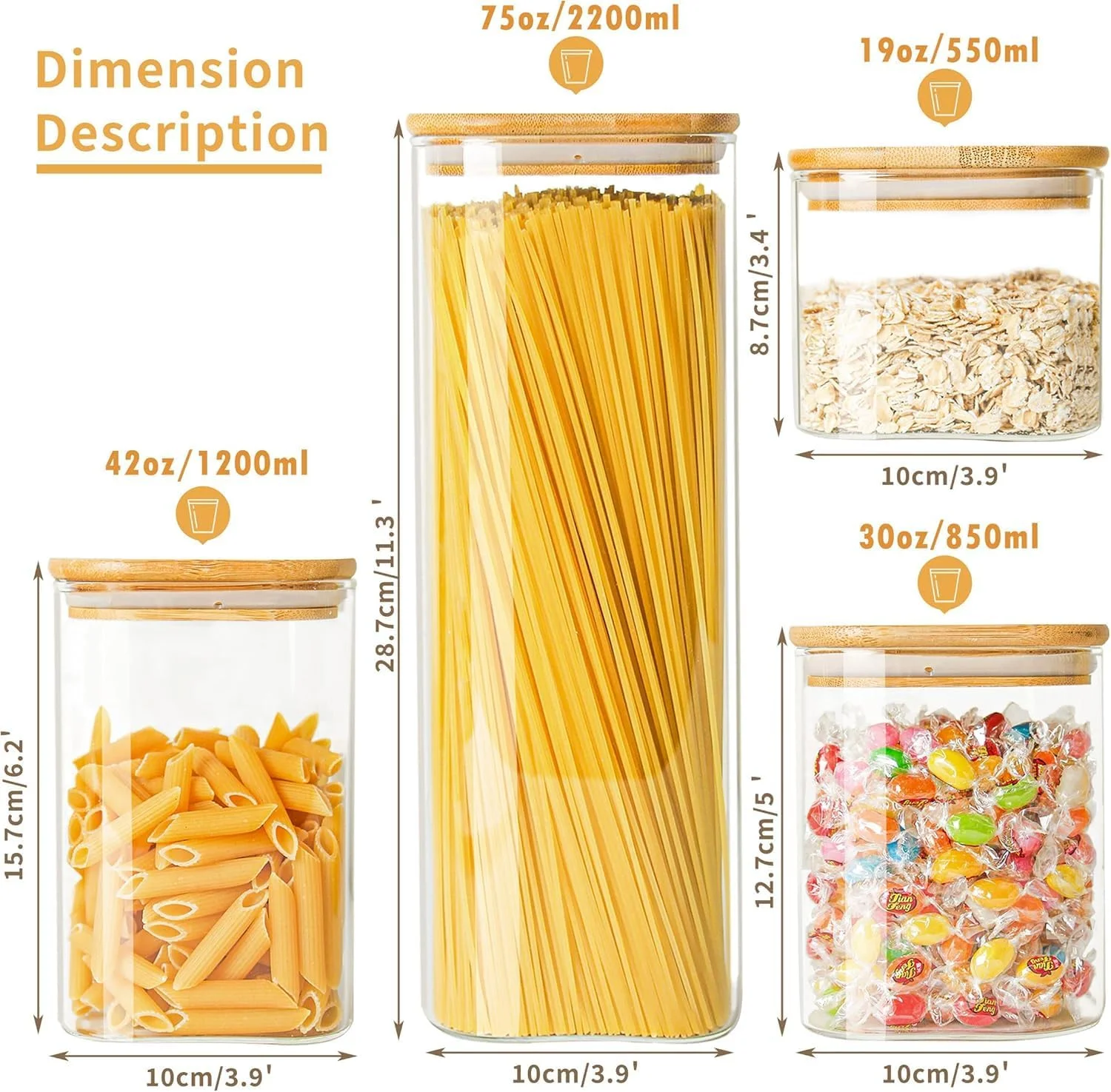 ظروف نگهداری مواد غذایی شیشه ای مربعی Freeway با درب بامبو، ست 6 عددی ظروف شفاف قابل چیدن برای آشپزخانه و نگهداری کوکی، آبنبات، شکر، دانه قهوه، پاستا، آجیل (530ml/800ml/1100ml/2100ml)