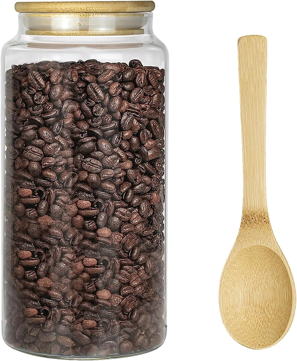 ظروف شیشه ای قهوه Foyofly به همراه قاشق، ظروف شفاف با درب بامبو، ظرف نگهداری مواد غذایی آشپزخانه برای ادویه جات، غلات، شکر، چای، دانه های قهوه، تنقلات (1200 میلی لیتر / 40 اونس - 1 عدد)