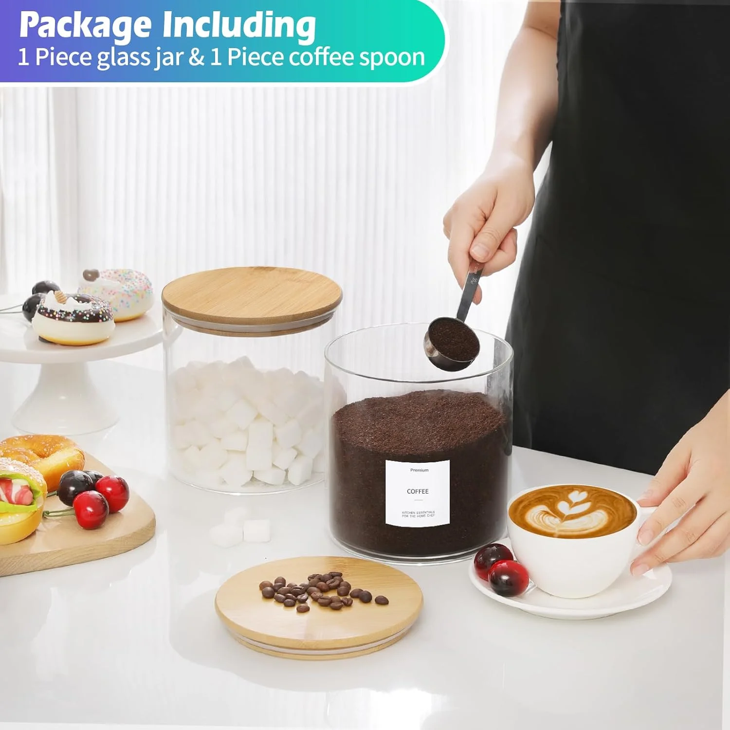 ظروف شیشه ای بزرگ Foyofly با درب، قاشق، ظروف نگهداری آرد و شکر، ظرف کوکی دهانه گشاد، ظرف استارتر خمیر ترش، ظروف آشپزخانه شیشه ای برای انبار، دانه های قهوه، برنج، پاستا، تنقلات