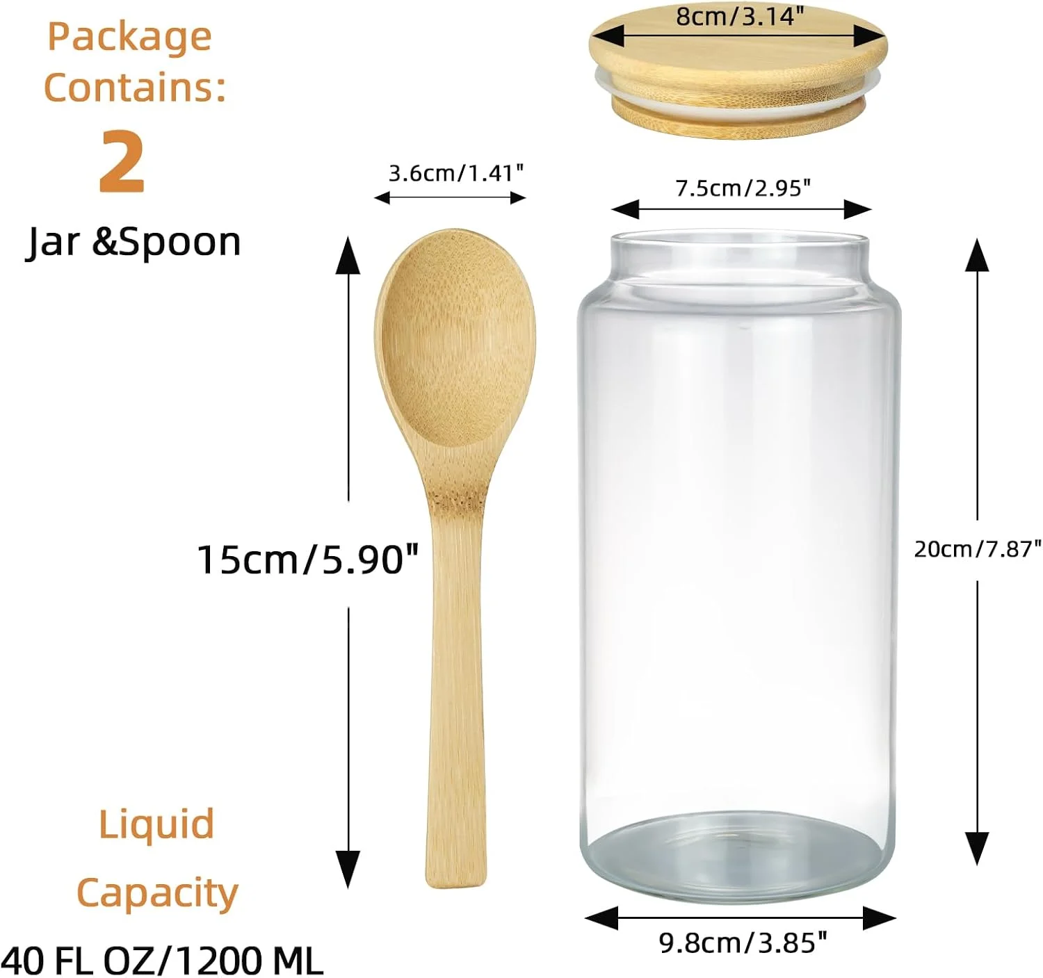 ظروف شیشه ای قهوه Foyofly به همراه قاشق، ظروف شفاف با درب بامبو، ظرف نگهداری مواد غذایی آشپزخانه برای ادویه جات، غلات، شکر، چای، دانه های قهوه، تنقلات (1200 میلی لیتر / 40 اونس - 1 عدد)