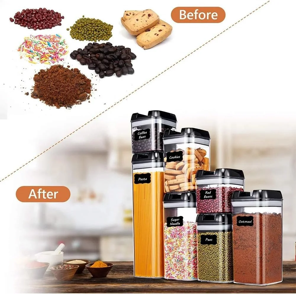 ست ظروف نگهداری مواد غذایی 7 تکه، ظروف آشپزخانه قابل چیدن، فنجان های اندازه گیری و برچسب های تخته سیاه قابل استفاده مجدد برای کوکی ها، لوبیا قرمز، دانه های قهوه، پاستا، نخود فرنگی، بلغور جو دوسر، شکر، رشته فرنگی