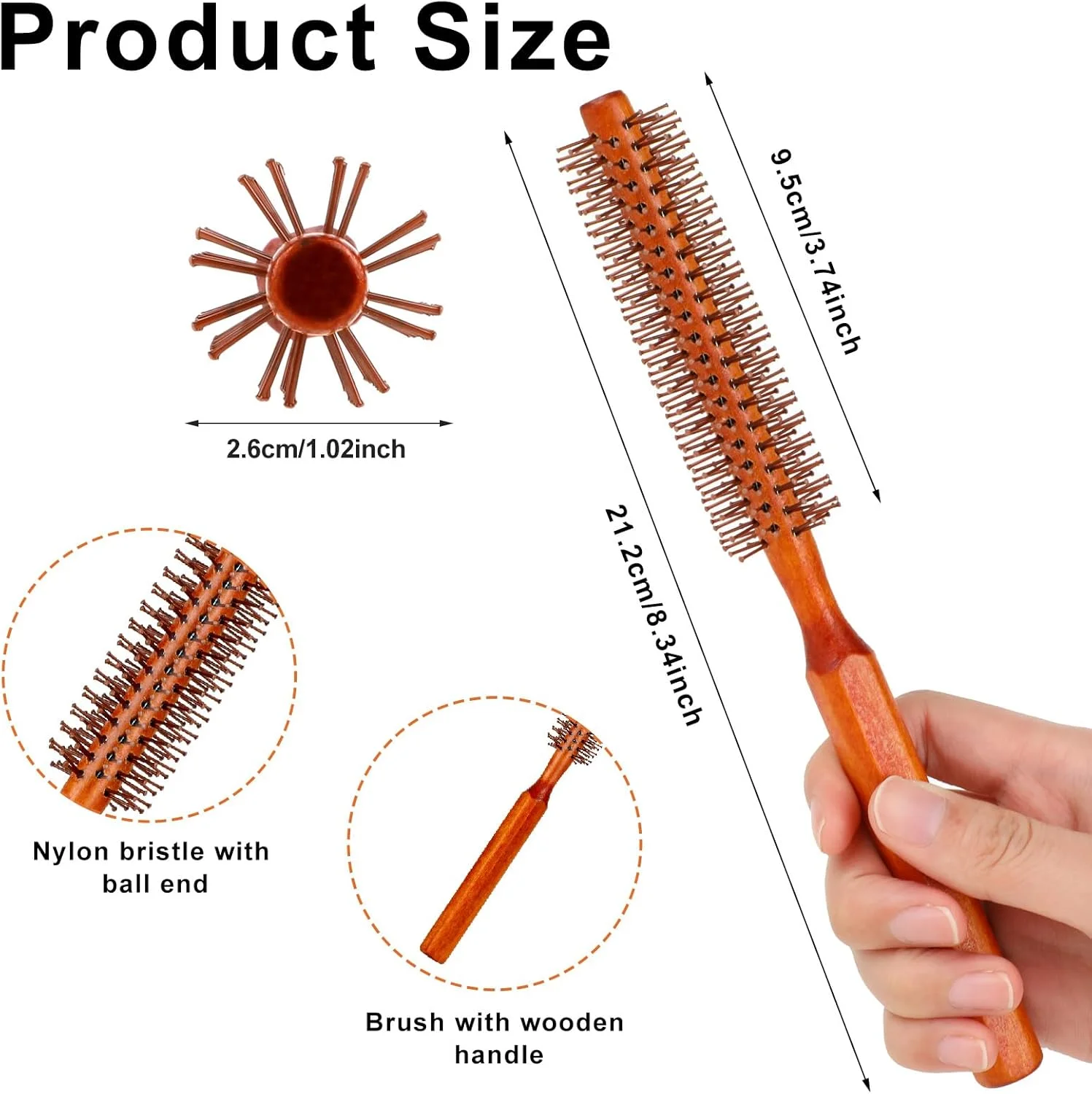 برس گرد کوچک برای خشک کردن مو، 2 عدد برس رولی کوچک قابل حمل، برس فر کننده مسافرتی با دسته چوبی و موهای نایلونی، برس حالت دهنده مو برای فر کردن، موهای کوتاه و موهای نازک