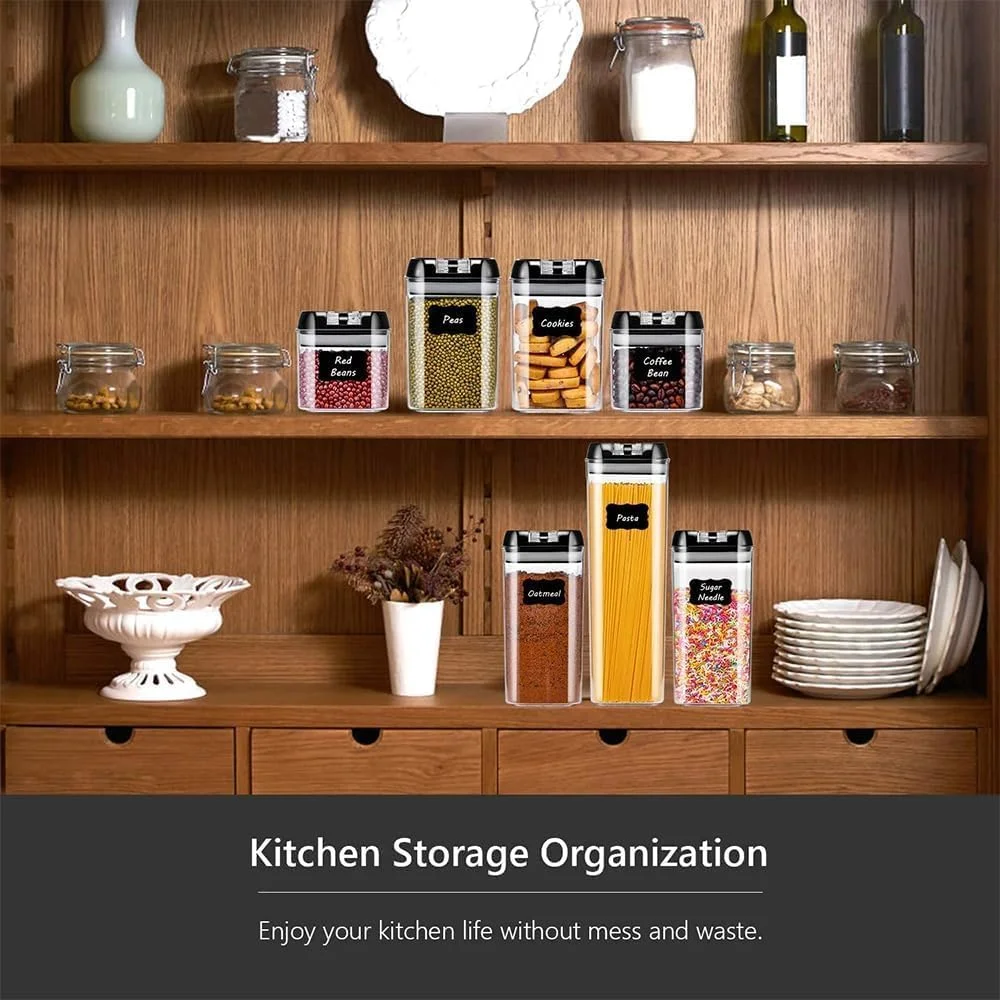 ست ظروف نگهداری مواد غذایی 7 تکه، ظروف آشپزخانه قابل چیدن، فنجان های اندازه گیری و برچسب های تخته سیاه قابل استفاده مجدد برای کوکی ها، لوبیا قرمز، دانه های قهوه، پاستا، نخود فرنگی، بلغور جو دوسر، شکر، رشته فرنگی