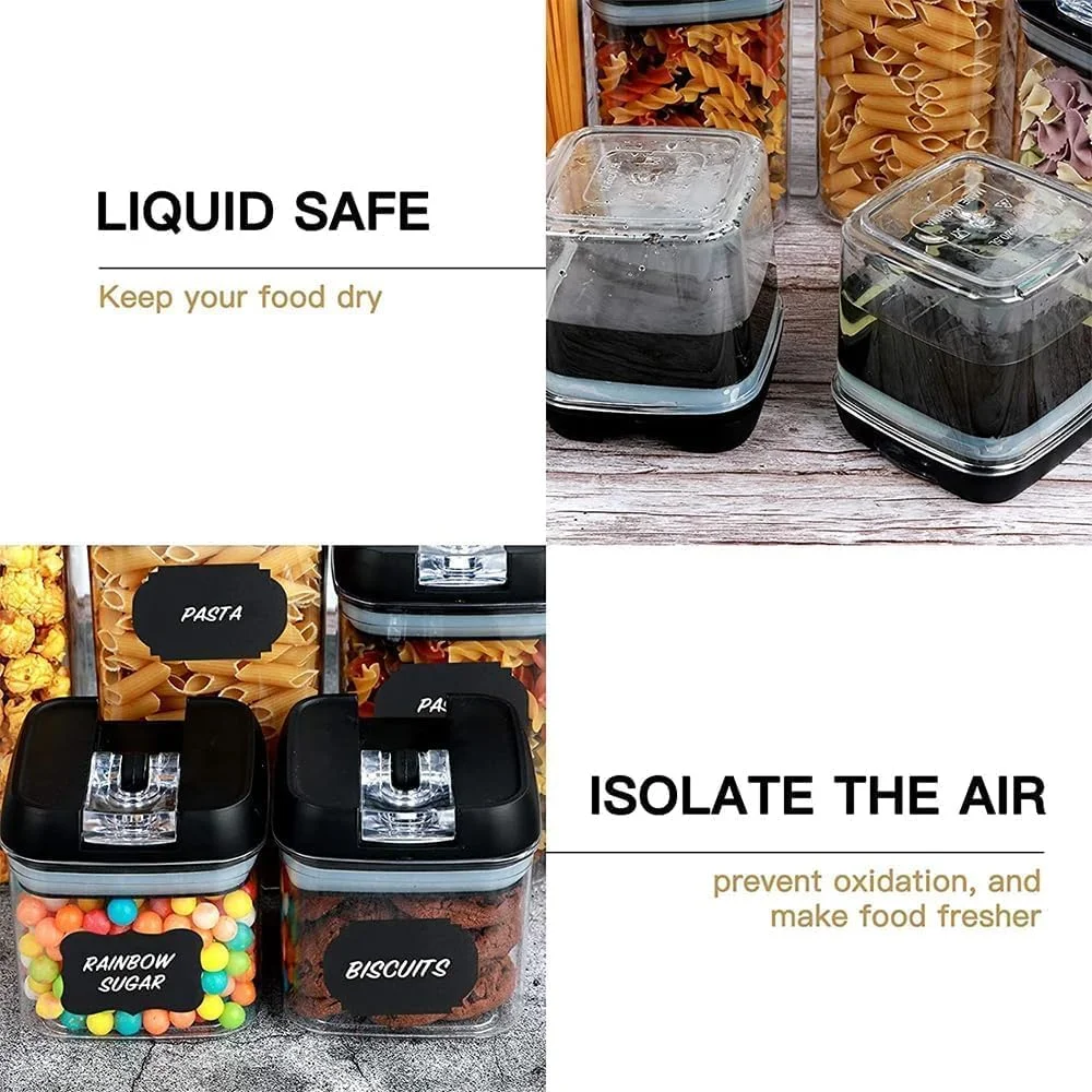 ست ظروف نگهداری مواد غذایی 7 تکه، ظروف آشپزخانه قابل چیدن، فنجان های اندازه گیری و برچسب های تخته سیاه قابل استفاده مجدد برای کوکی ها، لوبیا قرمز، دانه های قهوه، پاستا، نخود فرنگی، بلغور جو دوسر، شکر، رشته فرنگی