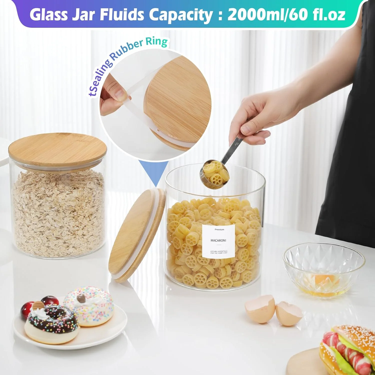 ظروف شیشه ای بزرگ Foyofly با درب، قاشق، ظروف نگهداری آرد و شکر، ظرف کوکی دهانه گشاد، ظرف استارتر خمیر ترش، ظروف آشپزخانه شیشه ای برای انبار، دانه های قهوه، برنج، پاستا، تنقلات