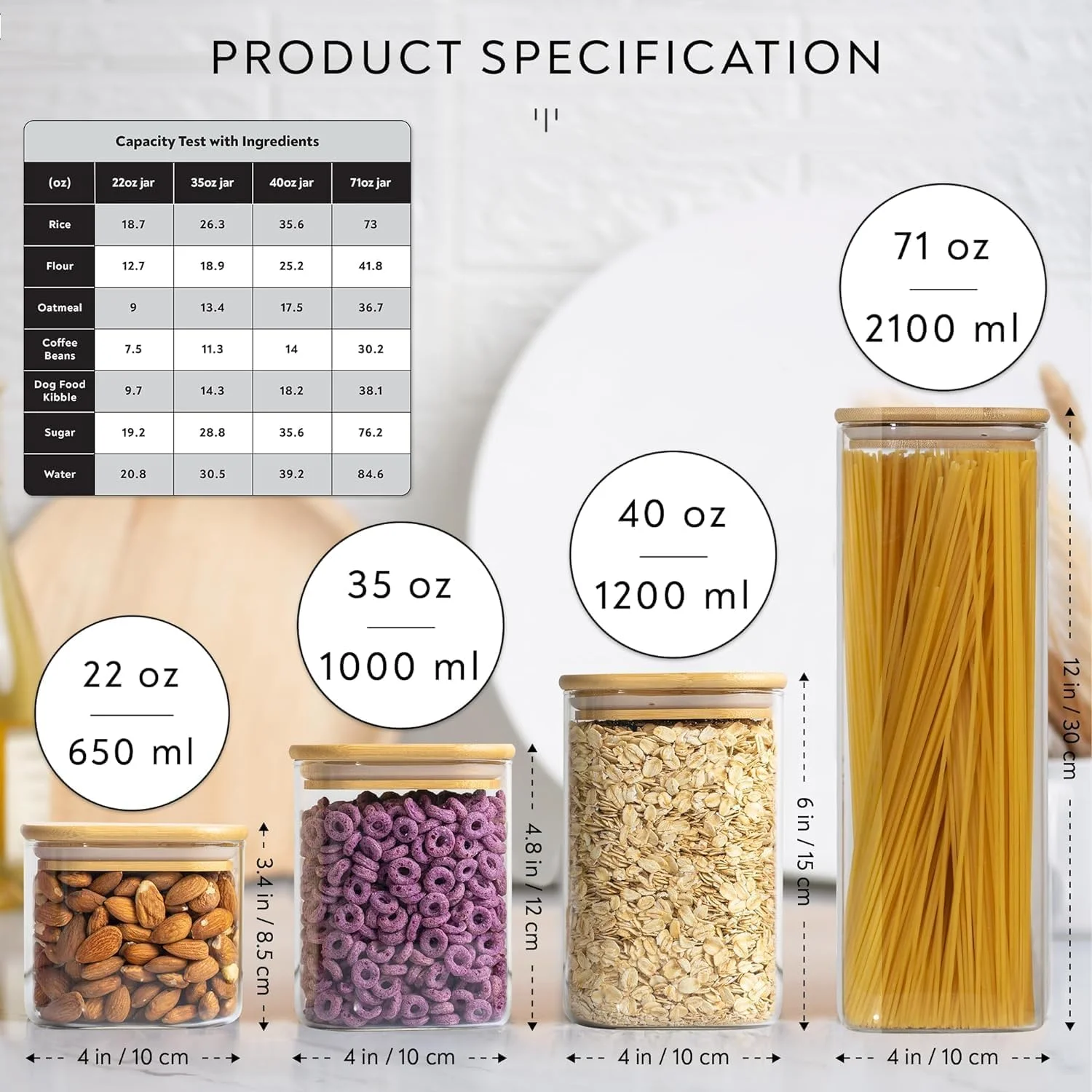 ظروف نگهداری مواد غذایی شیشه ای مربعی Freeway با درب بامبو، ست 6 عددی ظروف شفاف قابل چیدن برای آشپزخانه و نگهداری کوکی، آبنبات، شکر، دانه قهوه، پاستا، آجیل (530ml/800ml/1100ml/2100ml)