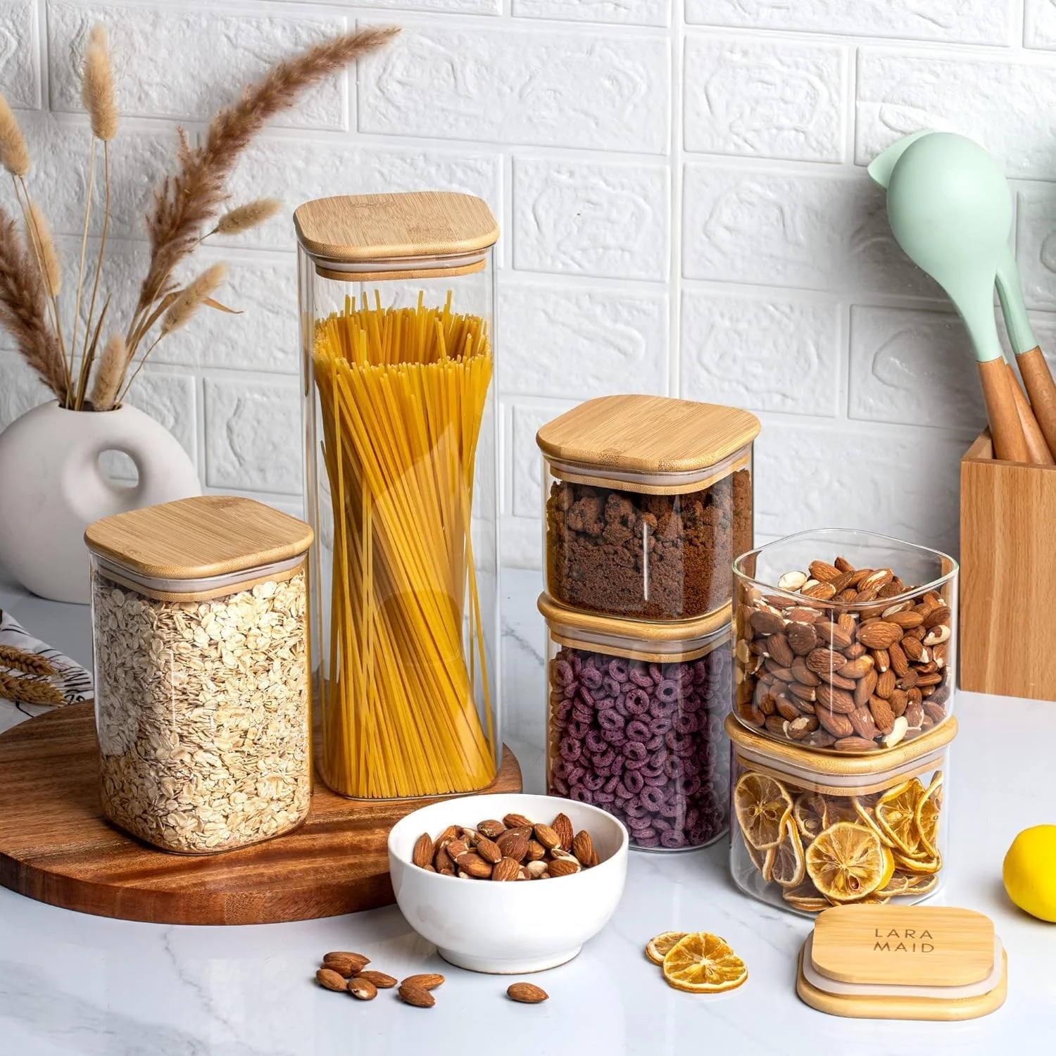 ظروف نگهداری مواد غذایی شیشه ای مربعی Freeway با درب بامبو، ست 6 عددی ظروف شفاف قابل چیدن برای آشپزخانه و نگهداری کوکی، آبنبات، شکر، دانه قهوه، پاستا، آجیل (530ml/800ml/1100ml/2100ml)