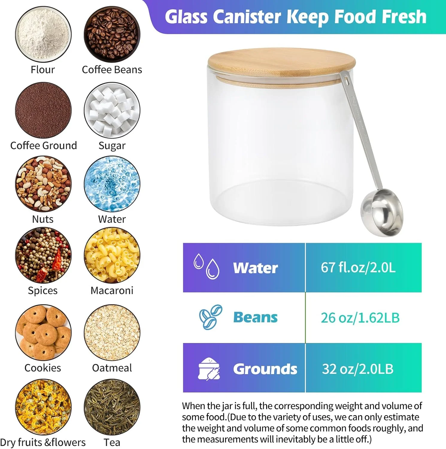 ظروف شیشه ای بزرگ Foyofly با درب، قاشق، ظروف نگهداری آرد و شکر، ظرف کوکی دهانه گشاد، ظرف استارتر خمیر ترش، ظروف آشپزخانه شیشه ای برای انبار، دانه های قهوه، برنج، پاستا، تنقلات