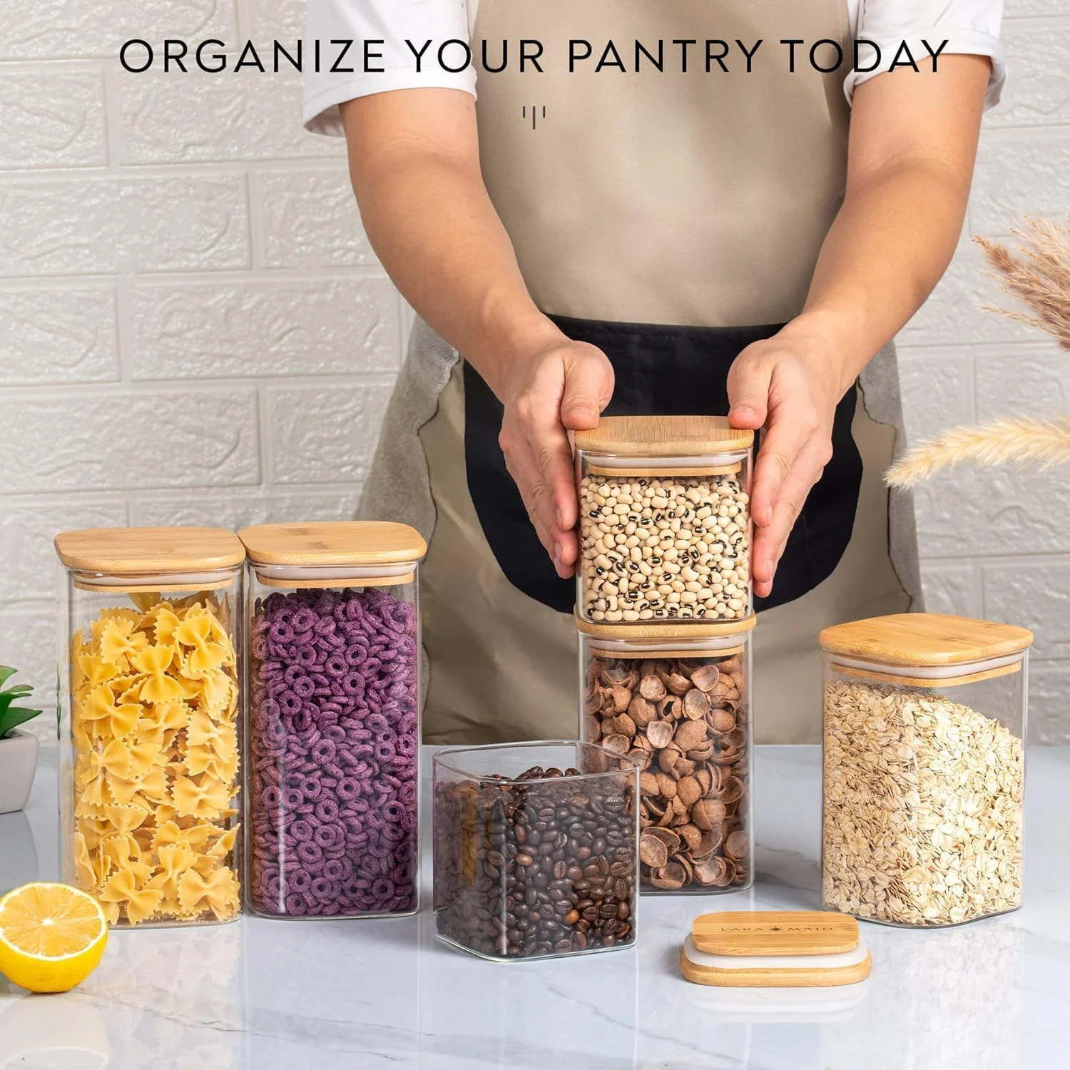 ظروف نگهداری مواد غذایی شیشه ای مربعی Freeway با درب بامبو، ست 6 عددی ظروف شفاف قابل چیدن برای آشپزخانه و نگهداری کوکی، آبنبات، شکر، دانه قهوه، پاستا، آجیل (530ml/800ml/1100ml/2100ml)