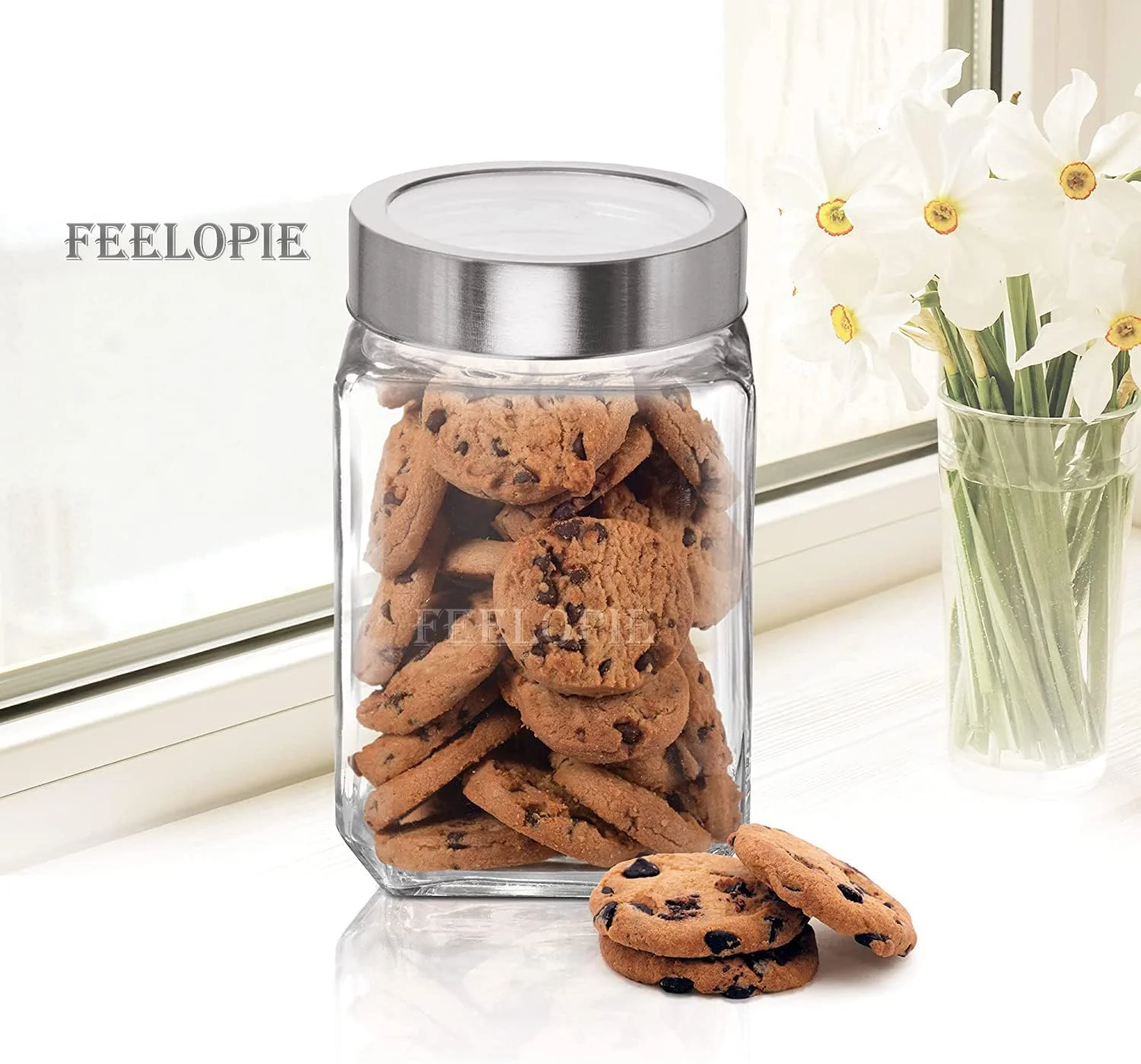 ظرف شیشه ای مکعبی Feelopie Piramal با درب استیل محکم و شفاف | بدون BPA | سازمان دهنده آشپزخانه | مدولار | ظرف چند منظوره | مناسب دانه های قهوه، مواد خشک، کلوچه، آب نبات، چای، ادویه جات [800 میلی لیتر، مجموعه 6 عددی]