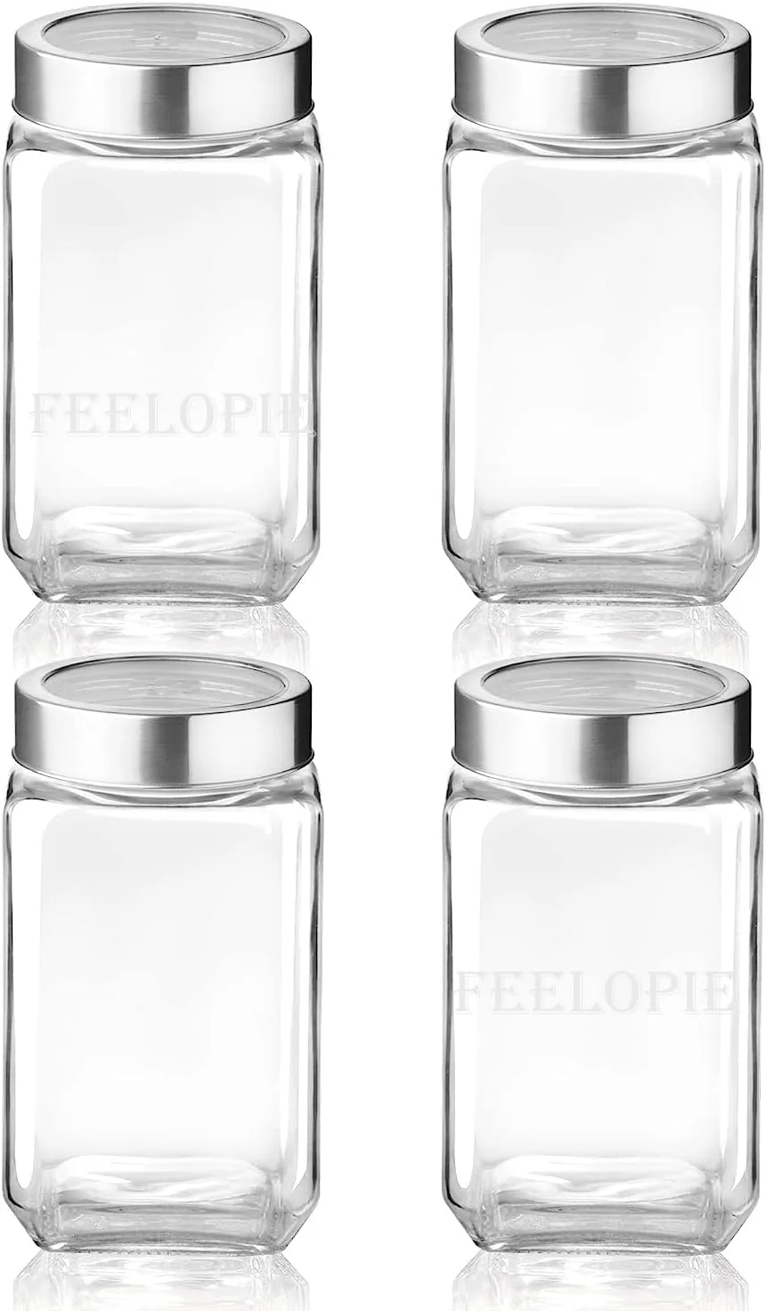 ظرف شیشه ای مکعبی Feelopie Piramal با درب استیل محکم و شفاف | بدون BPA | سازمان دهنده آشپزخانه | مدولار | ظرف چند منظوره | مناسب دانه های قهوه، مواد خشک، کلوچه، آب نبات، چای، ادویه جات [800 میلی لیتر، مجموعه 6 عددی]