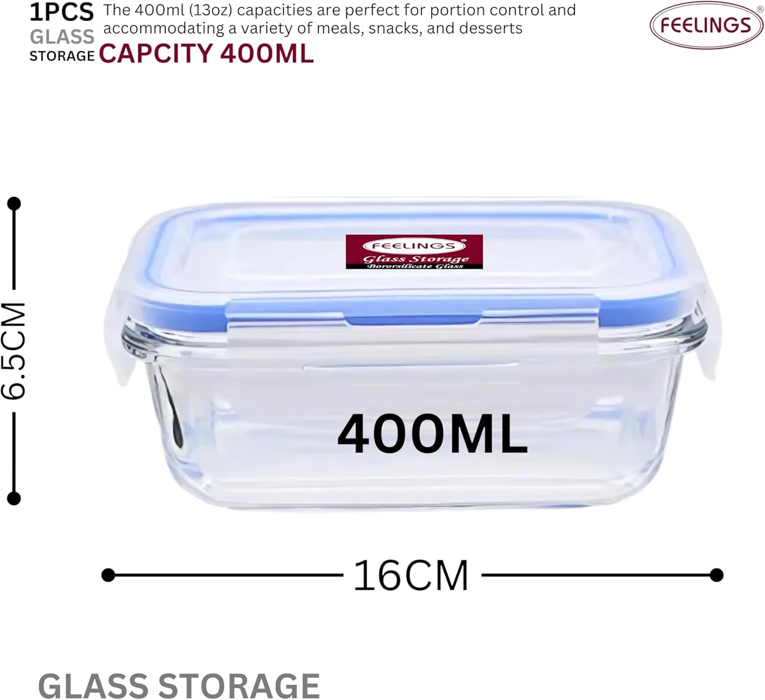 ظروف غذای شیشه ای FEELINGS، ظروف آماده سازی غذا با درب های سیلیکونی ضد نشت، 400 میلی لیتر، بدون هوا و BPA، آبی، قابل استفاده در مایکروویو و فریزر (مستطیل) ظروف غذای شیشه ای FEELINGS، ظروف آماده سازی غذا با درب های سیلیکونی ضد نشت، 400 میلی لیتر، بدون هوا و BPA، آبی، قابل استفاده در مایکروویو و فریزر (مستطیل)