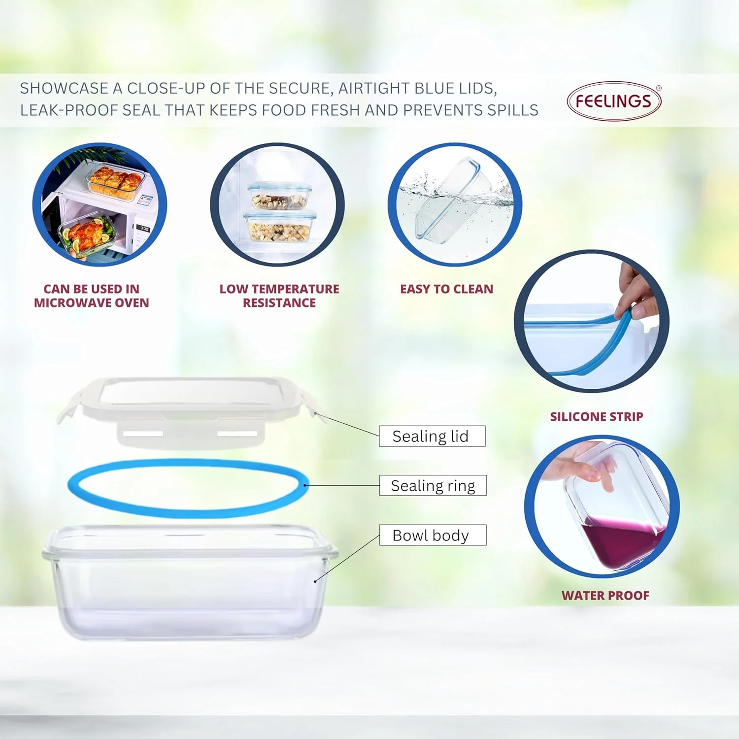 ظروف غذای شیشه ای FEELINGS، ظروف آماده سازی غذا با درب های سیلیکونی ضد نشت، 400 میلی لیتر، بدون هوا و BPA، آبی، قابل استفاده در مایکروویو و فریزر (مستطیل) ظروف غذای شیشه ای FEELINGS، ظروف آماده سازی غذا با درب های سیلیکونی ضد نشت، 400 میلی لیتر، بدون هوا و BPA، آبی، قابل استفاده در مایکروویو و فریزر (مستطیل)