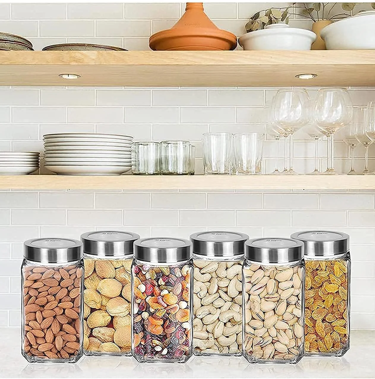 ظروف و شیشه های مربعی پیرامال Feelopie از جنس شیشه شفاف برای نگهداری مواد غذایی در آشپزخانه، تنقلات، ادویه جات، عسل، ترشیجات، میوه های خشک، دانه های قهوه با درب استیل ضد زنگ (شیشه مکعبی) (1000 میلی لیتر، مجموعه 6 عددی) ظروف و شیشه های مربعی پیرامال Feelopie از جنس شیشه شفاف برای نگهداری مواد غذایی در آشپزخانه، تنقلات، ادویه جات، عسل، ترشیجات، میوه های خشک، دانه های قهوه با درب استیل ضد زنگ (شیشه مکعبی) (1000 میلی لیتر، مجموعه 6 عددی)