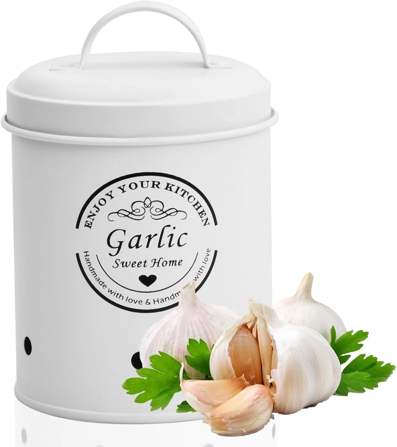 Fangehong 1 عدد جای سیب زمینی، پیاز، سیر، جای سیب زمینی، جعبه های فلزی برای آشپزخانه، ظرف نگهداری سبزیجات با درب (سیر سفید)