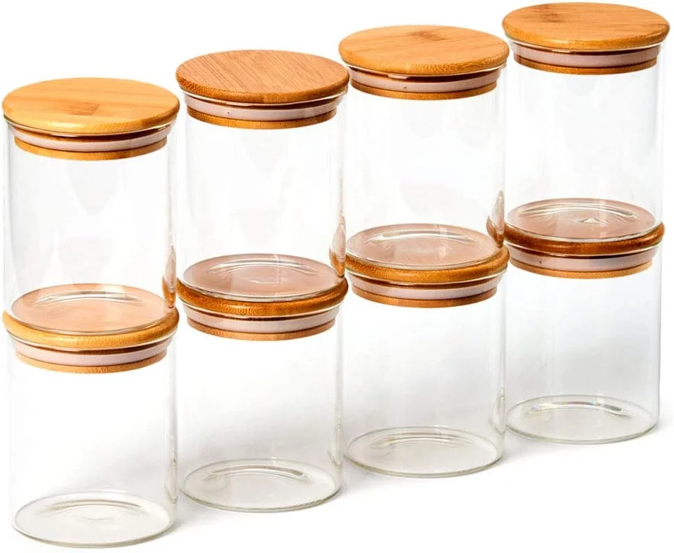 EZOWare ست 8 تایی ظروف شیشه ای شفاف درب دار، ست ظروف نگهداری آشپزخانه با درب بامبو طبیعی برای آبنبات، کلوچه، برنج، شکر، آرد، پاستا، آجیل، 450 میلی لیتر EZOWare ست 8 تایی ظروف شیشه ای شفاف درب دار، ست ظروف نگهداری آشپزخانه با درب بامبو طبیعی برای آبنبات، کلوچه، برنج، شکر، آرد، پاستا، آجیل، 450 میلی لیتر