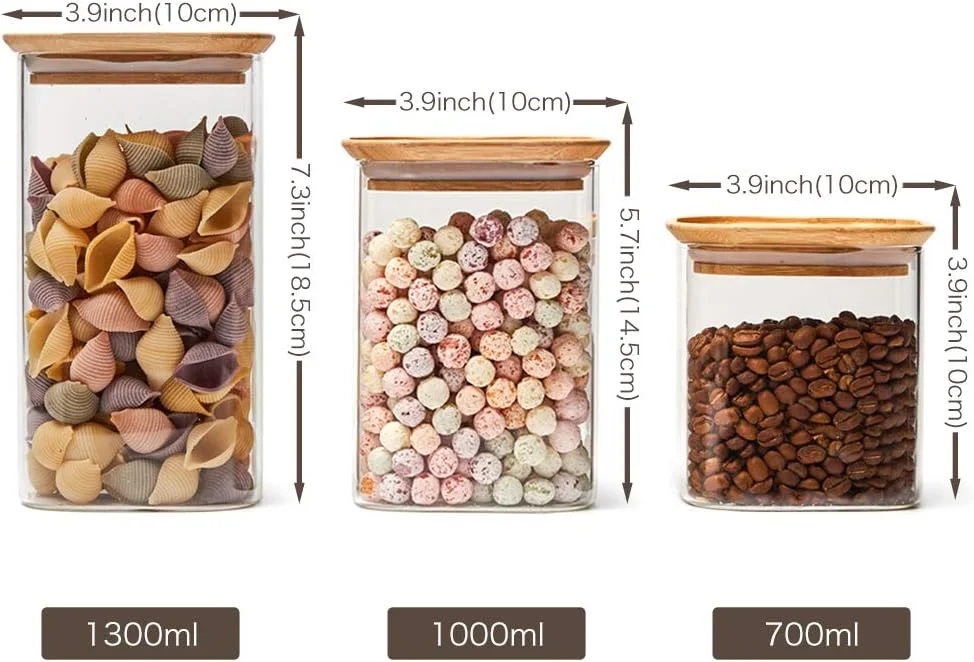 ست 5 تکه شیشه ای شفاف EZOWare، ظروف مربعی درب دار برای نگهداری مواد غذایی مانند آبنبات، کلوچه، برنج، شکر، آرد، پاستا و آجیل - 710ml / 1005ml / 1300ml ست 5 تکه شیشه ای شفاف EZOWare، ظروف مربعی درب دار برای نگهداری مواد غذایی مانند آبنبات، کلوچه، برنج، شکر، آرد، پاستا و آجیل - 710ml / 1005ml / 1300ml