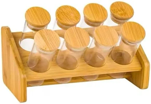 جا ادویه ای FAM با استند بامبو - قفسه نظم دهنده ادویه - ست چوبی دکوری آشپزخانه - شیشه با درب بامبو