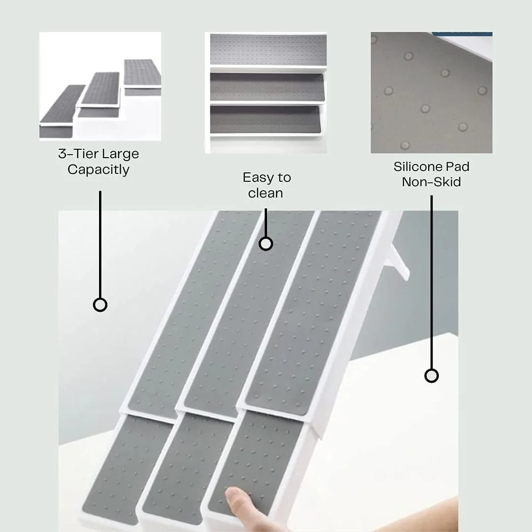جا ادویه ای 3 طبقه قابل گسترش N3ma با طراحی مدرن و ضد لغزش، مناسب برای کابینت، قفسه پله ای سازمان دهنده برای پیشخوان، انبار و کابینت (سفید و خاکستری)