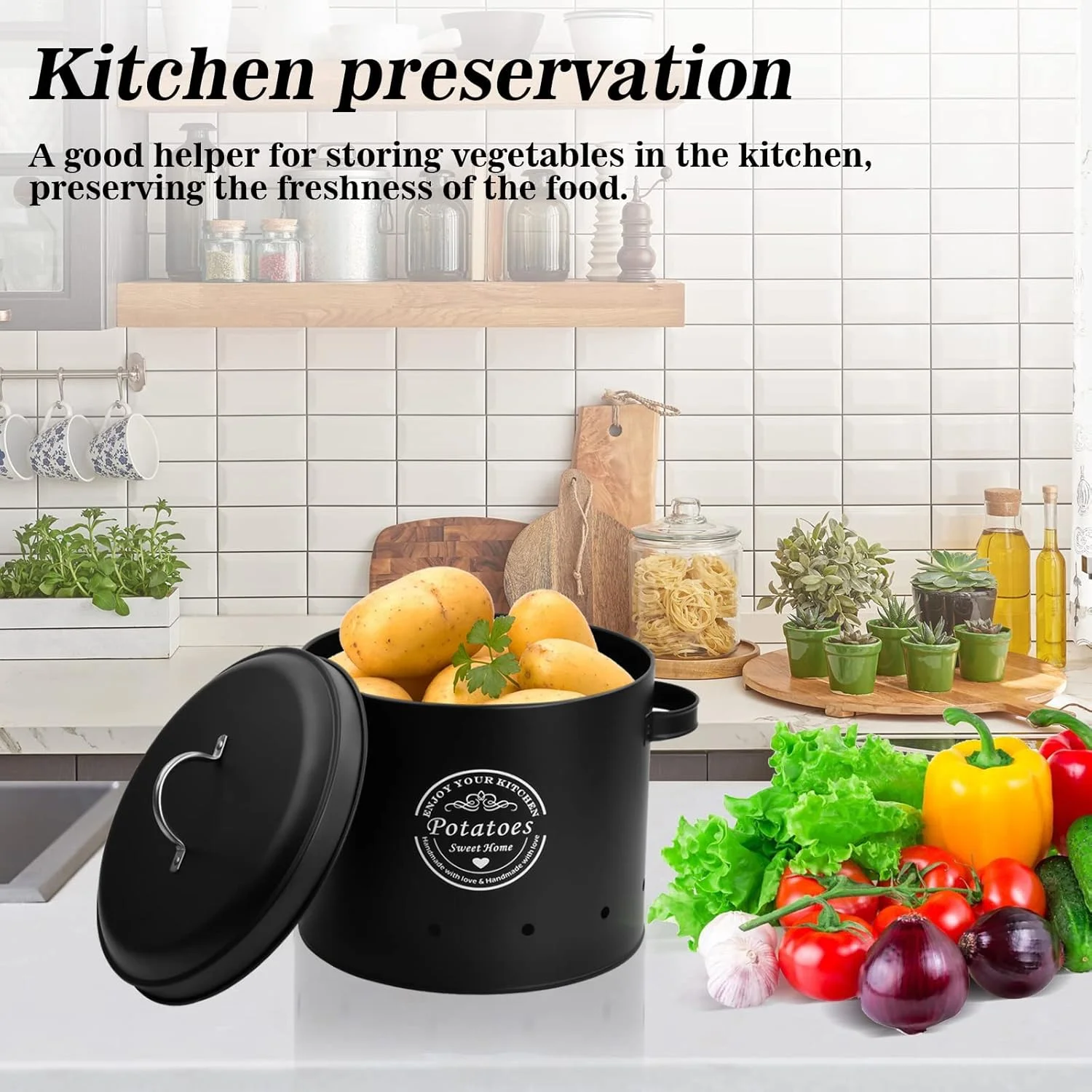 Fangehong 1 عدد جای سیب زمینی، پیاز، سیر، جای سیب زمینی، جعبه های فلزی برای آشپزخانه، ظرف نگهداری سبزیجات با درب (سیر سفید)